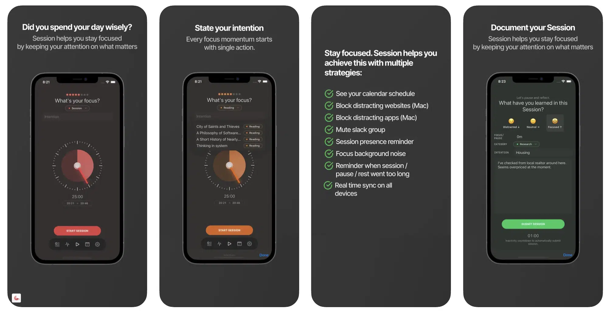 a collage of different features offered by Session app for iphone