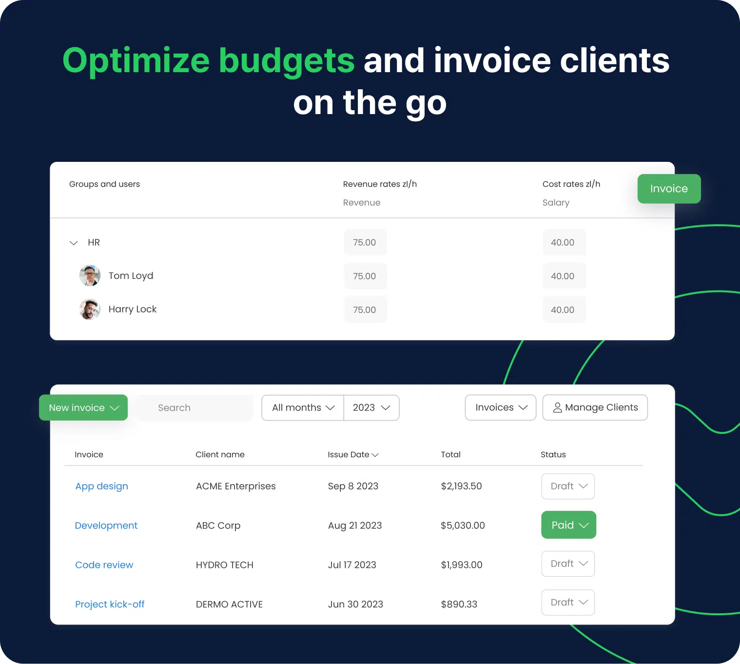 a collage of timecamp time tracking app features for billing and invoicing