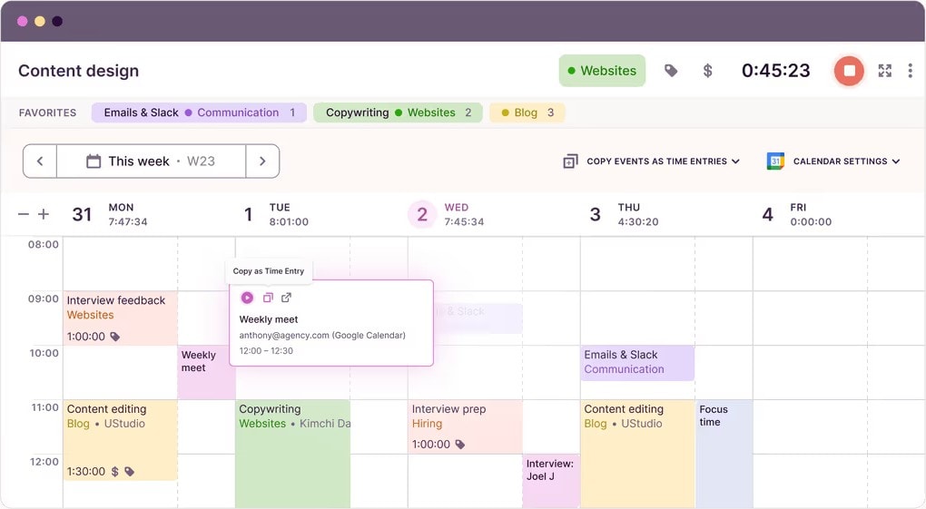 toggl track app calendar view