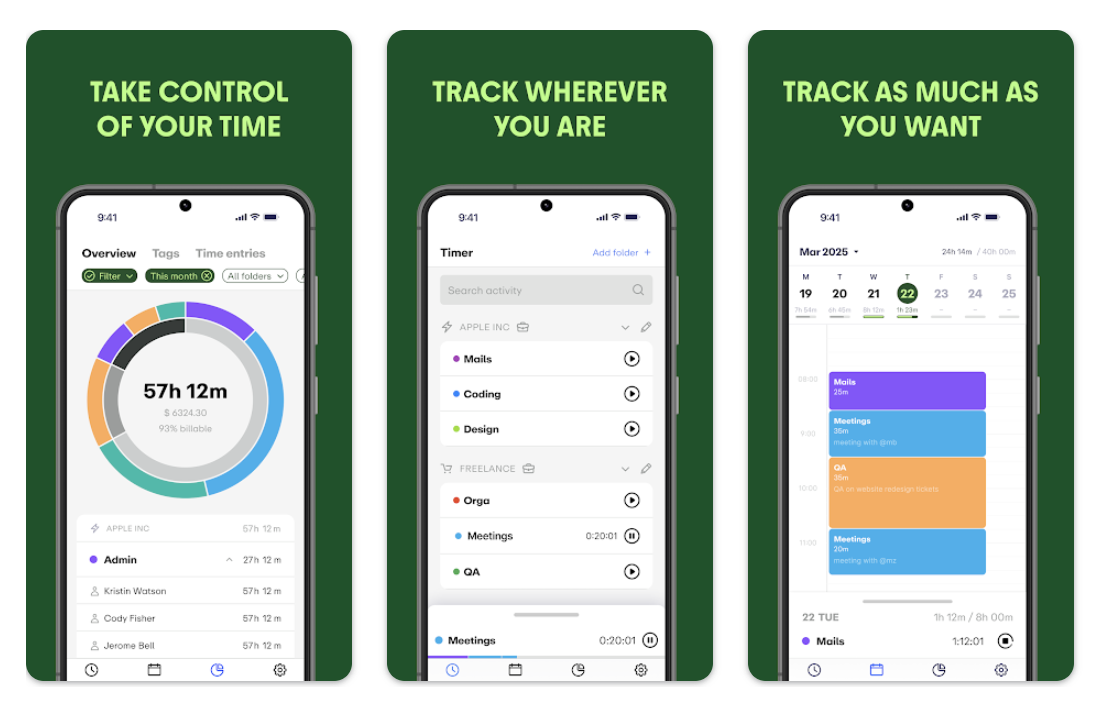 a collage of features of early mobile time tracking app
