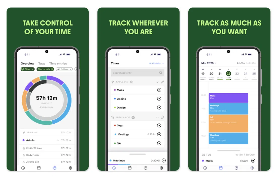 a collage of features of early mobile time tracking app