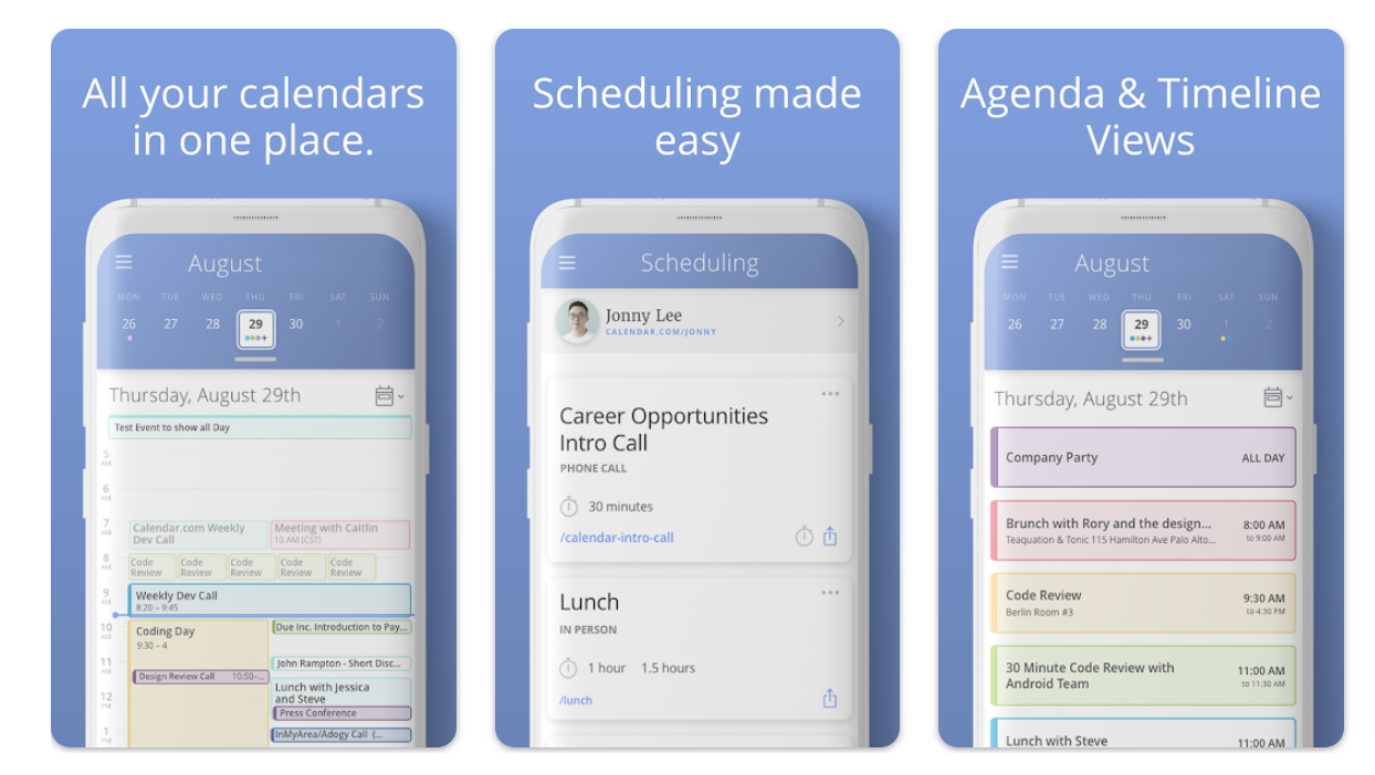 a collage of different views of calendar.com app for android