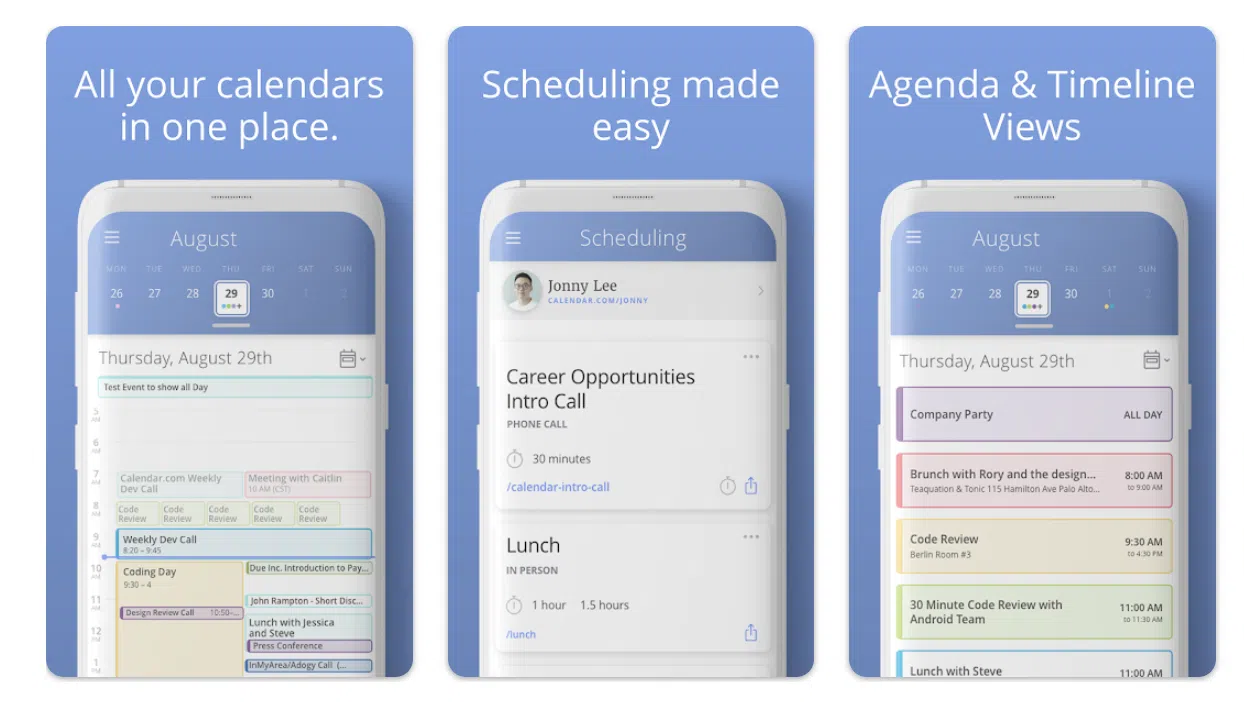 a collage of different views of calendar.com app for android