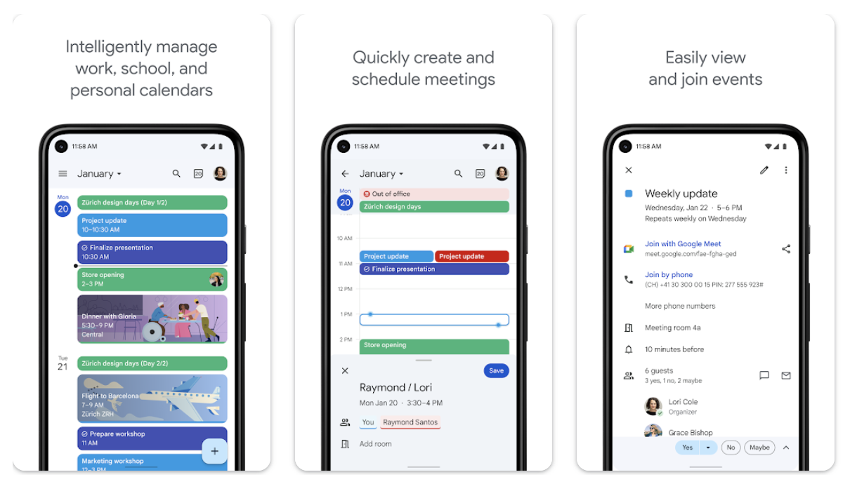a collage of different view of google calendar app for android
