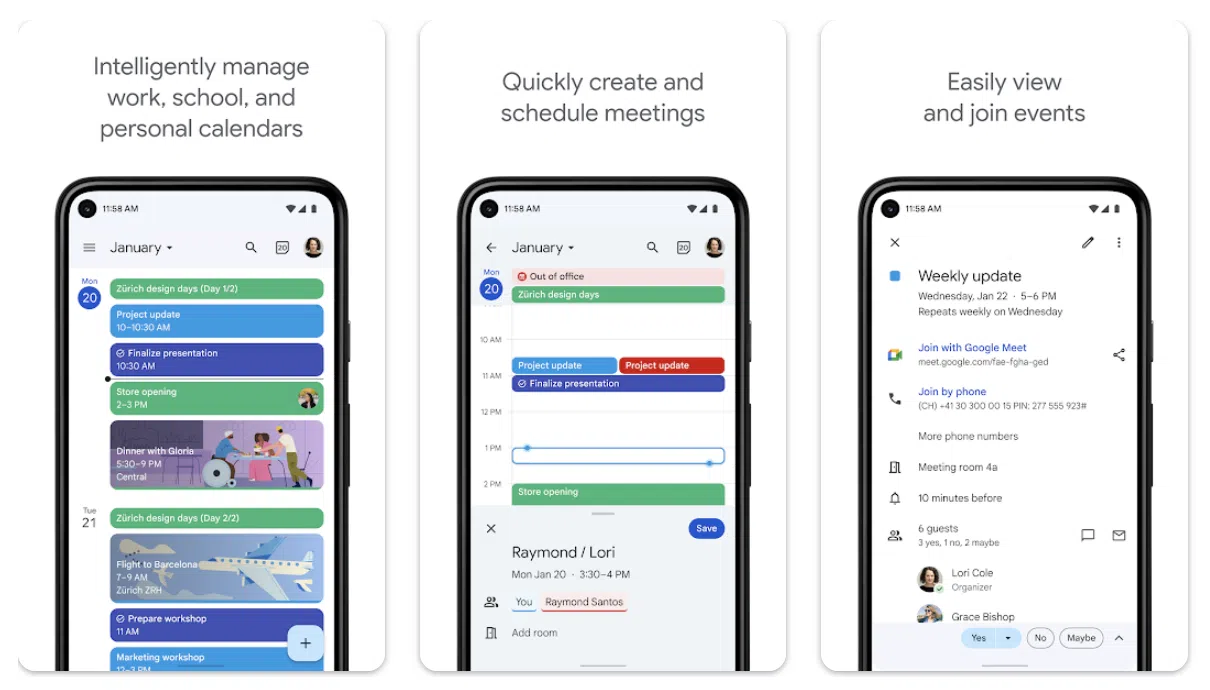 a collage of different view of google calendar app for android