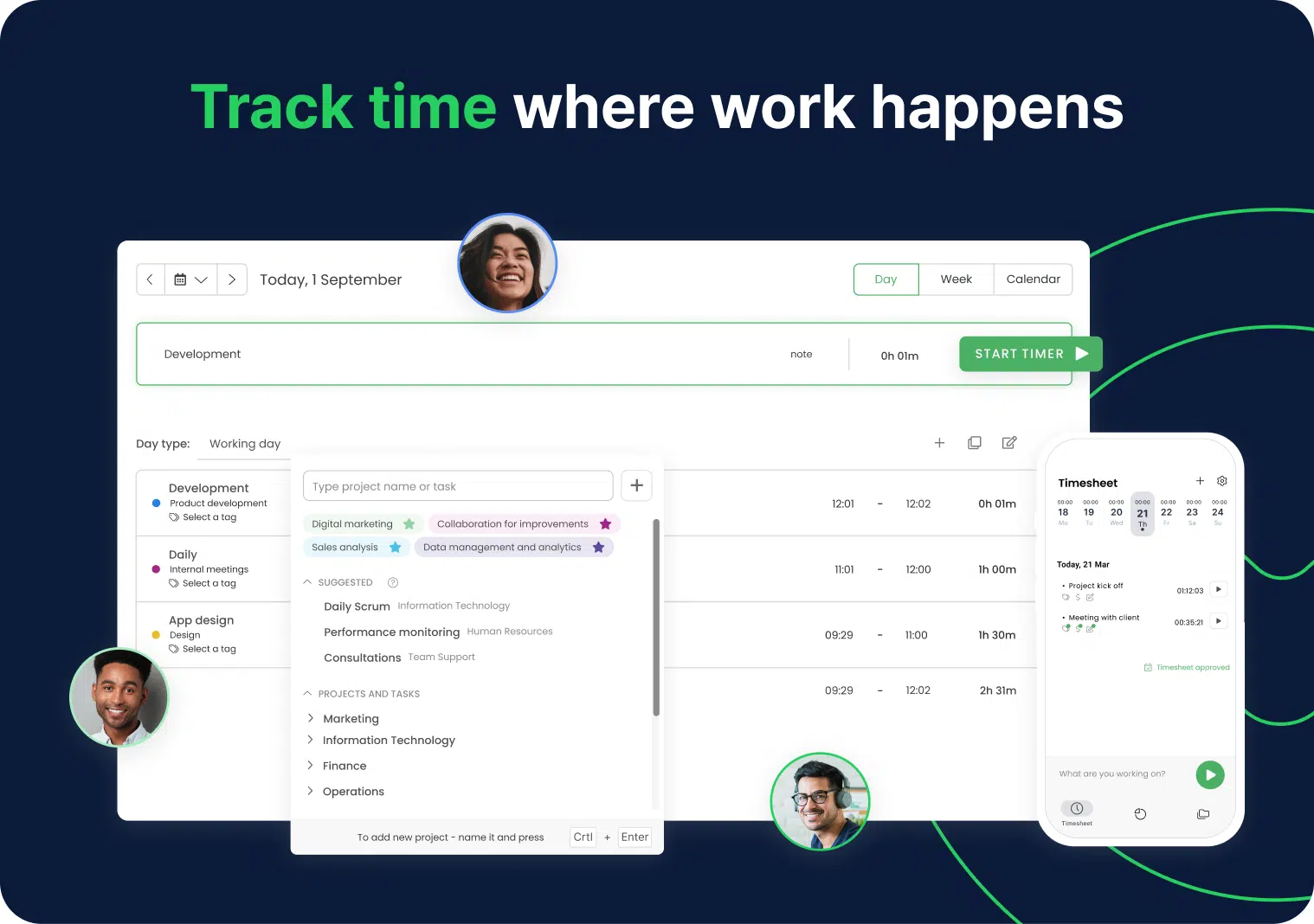 a collage of timecamp time tracking app features and views