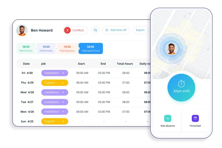 a collage of Connectteam app versions for mobile and desktop