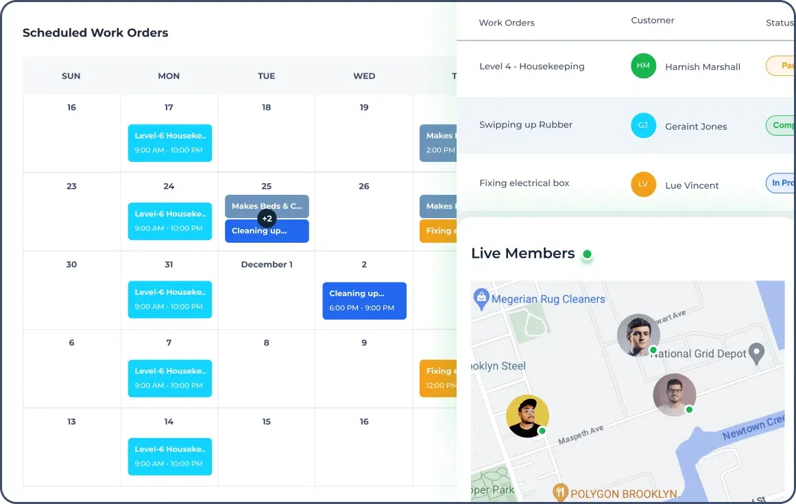 a collage of fieldservicely app versions for mobile and desktop