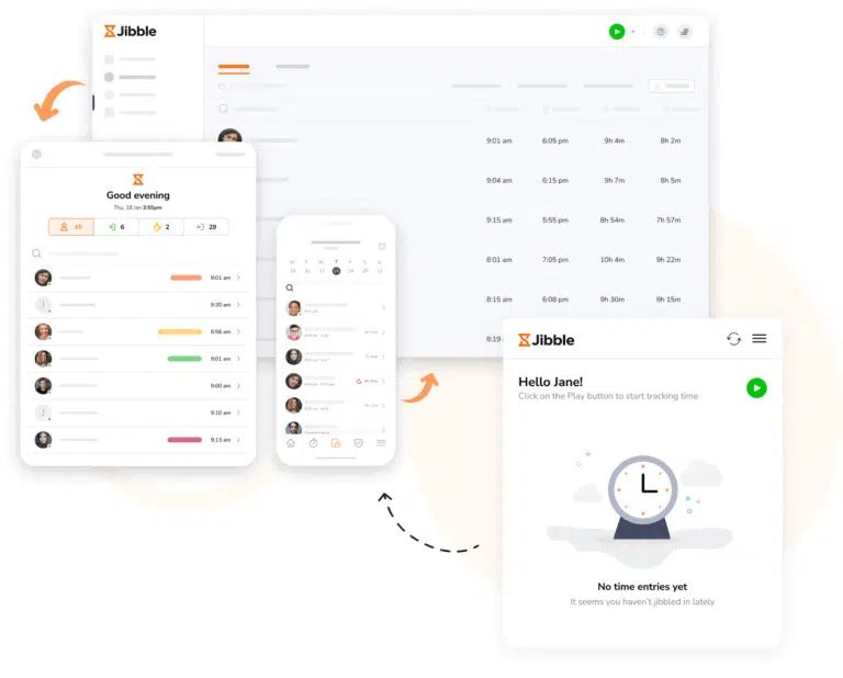 a collage of time tracking features of Jibble clock in app