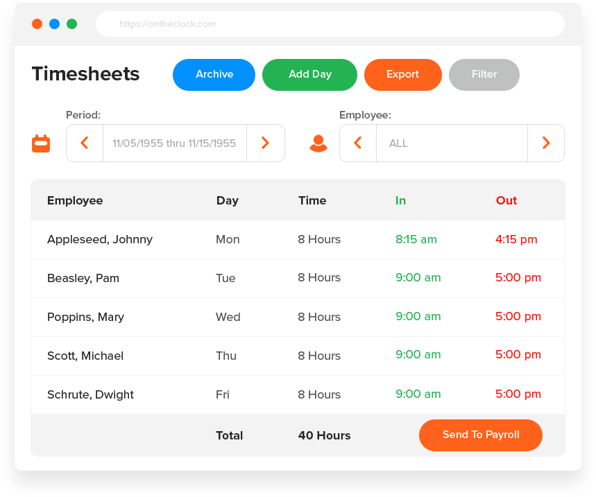 a timesheet view of OnTheClock clock in and out app
