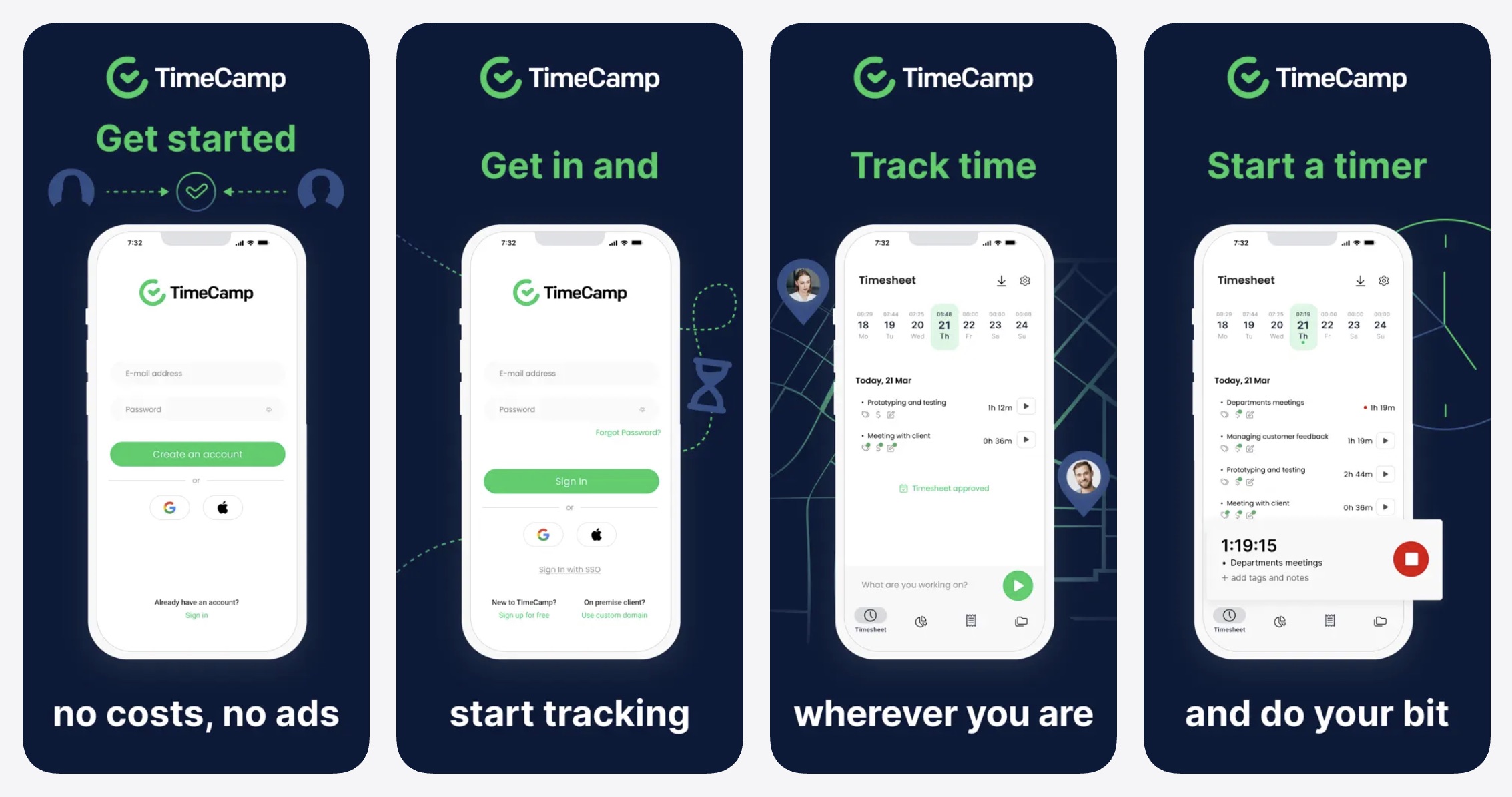 collage of timecamp adhd time management app views