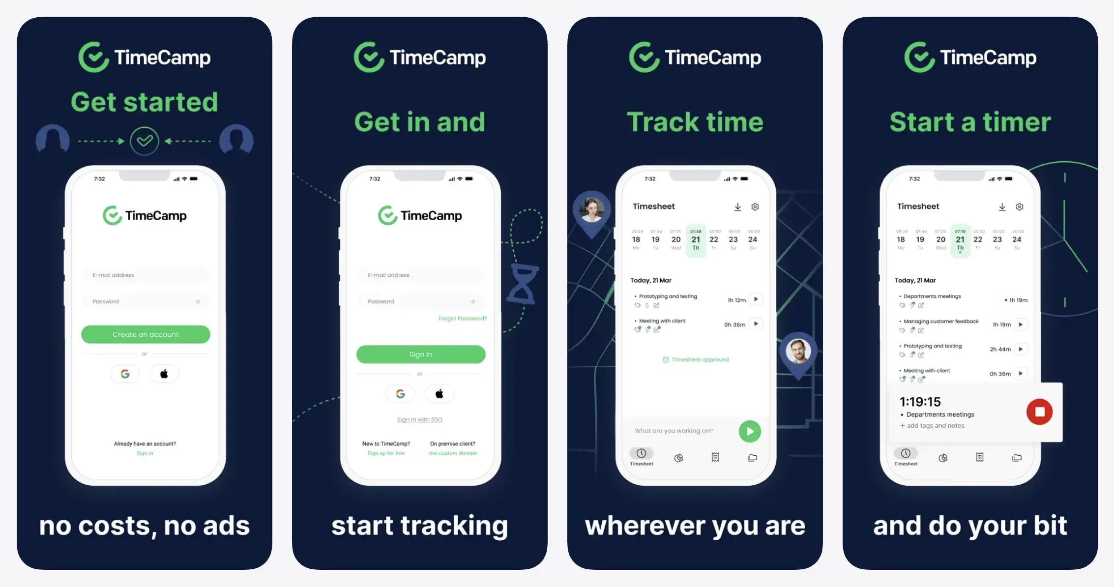 collage of timecamp adhd time management app views
