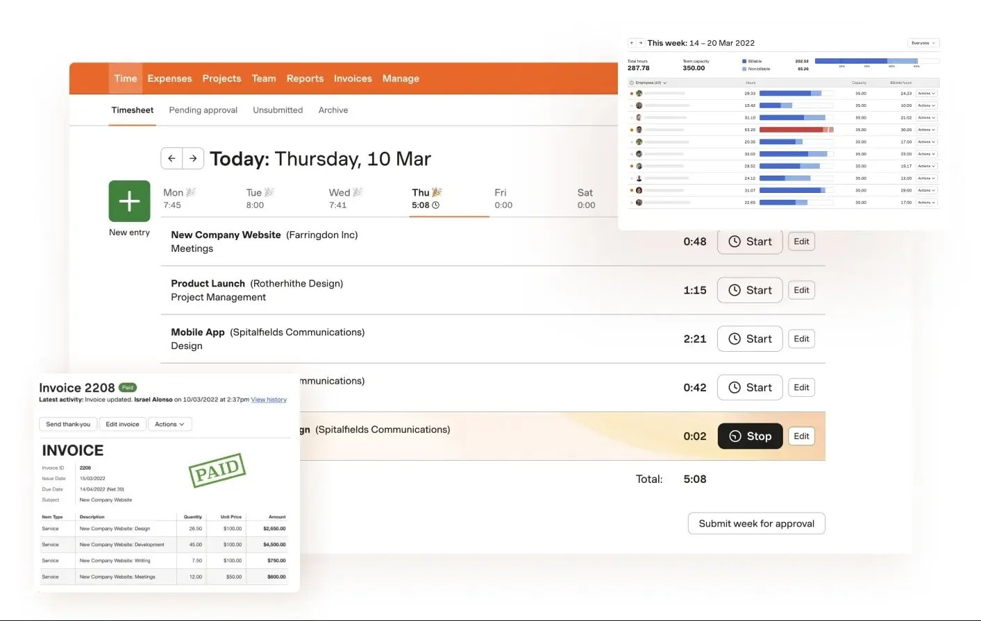 a collage of harvest features for billable hours billing