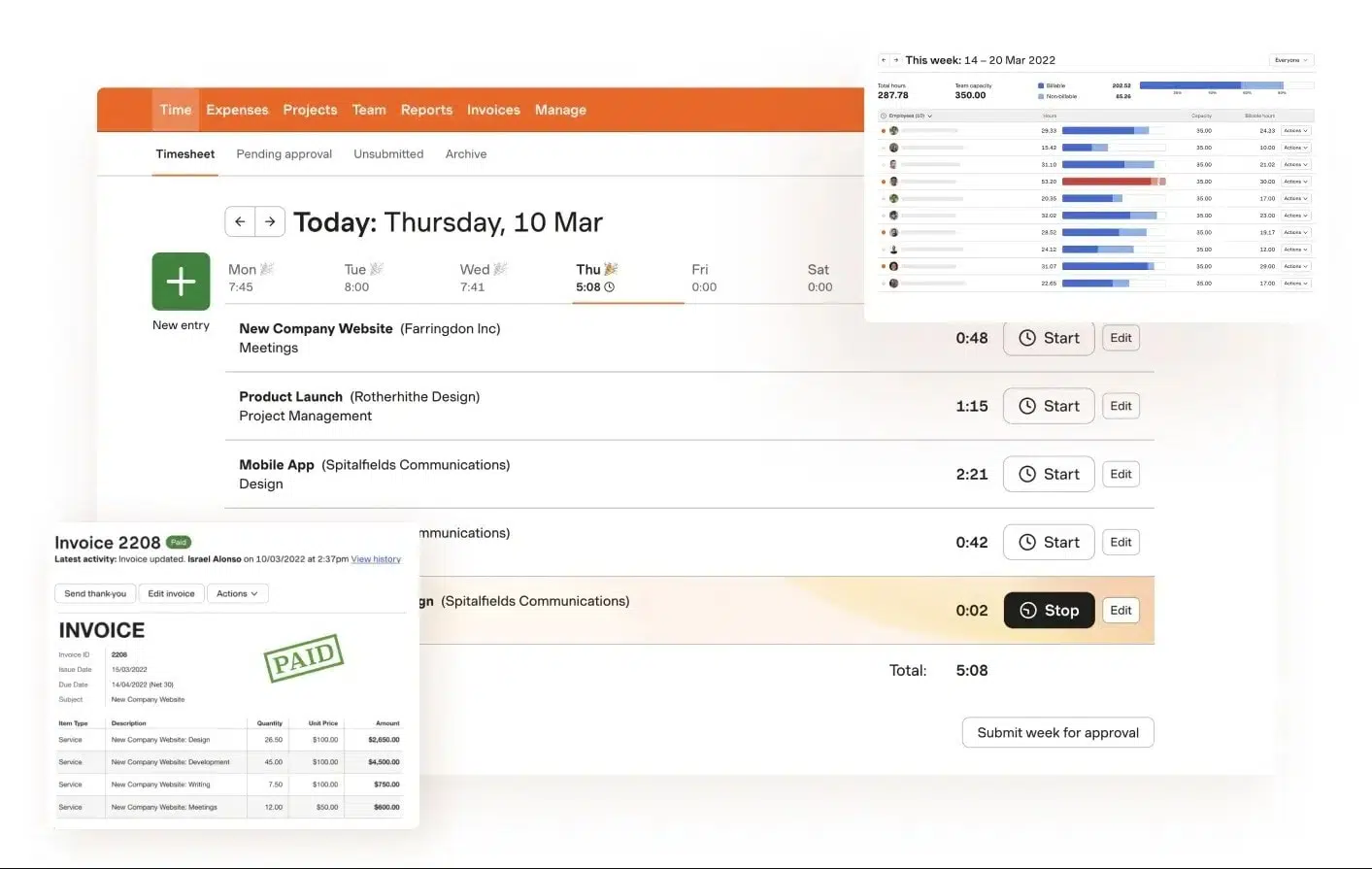 a collage of harvest features for billable hours billing