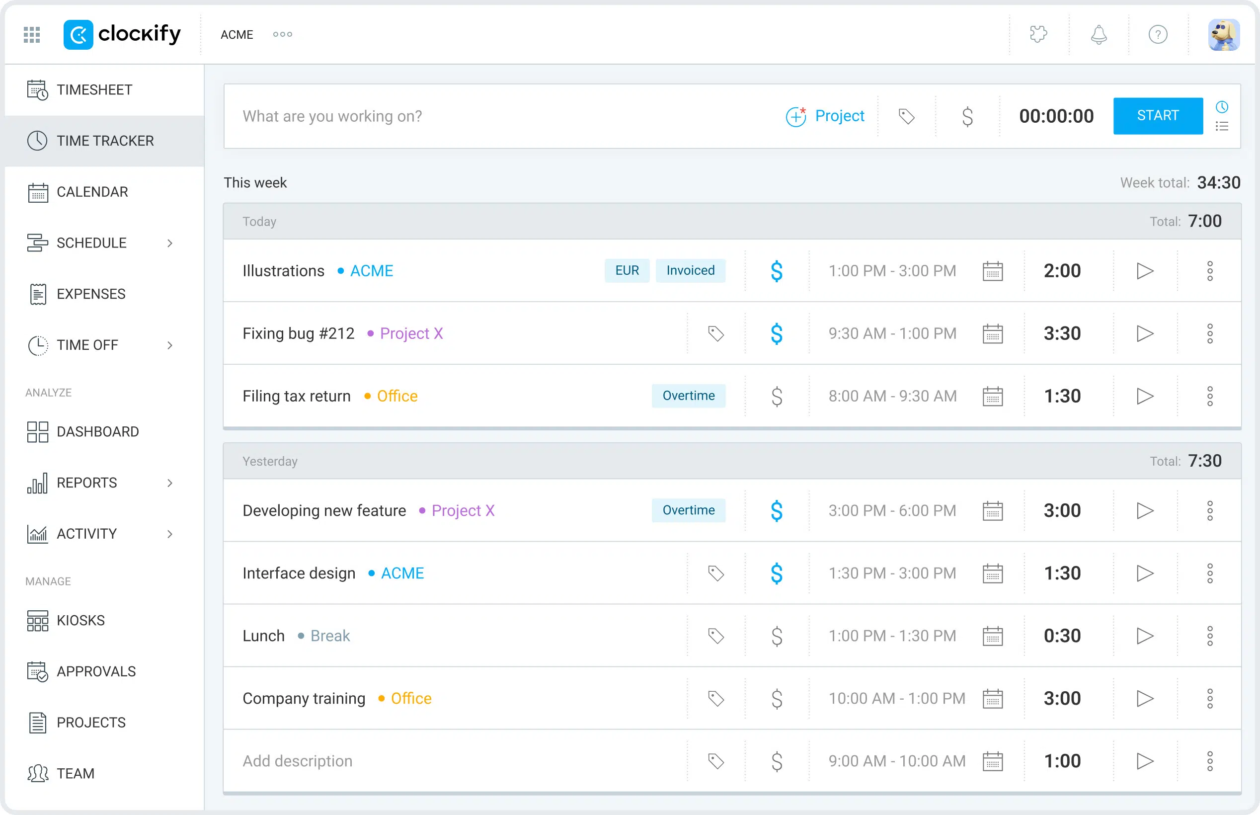 home screen of clockify time tracking tool
