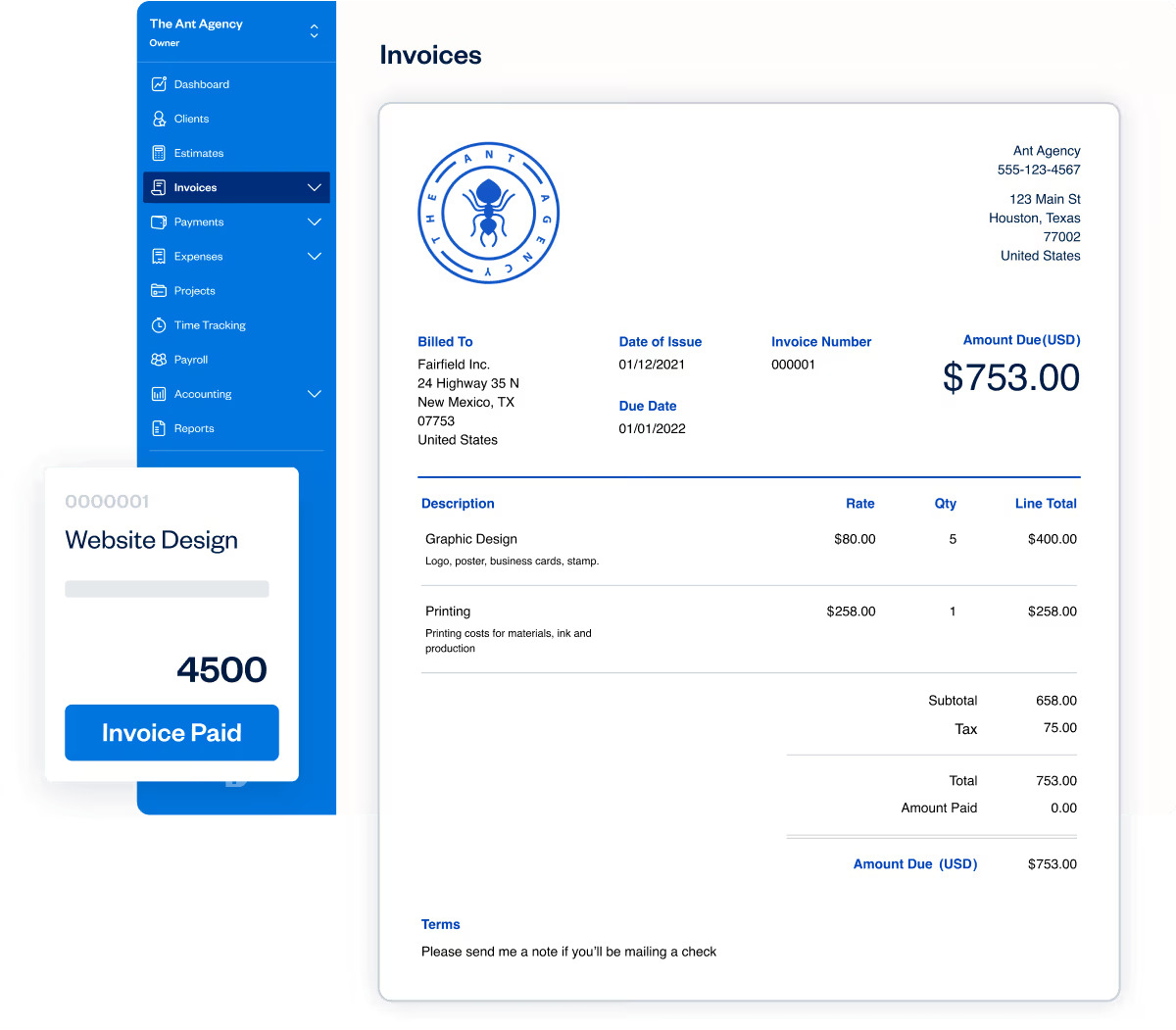 a screenshot of invoice view in freshbooks tool
