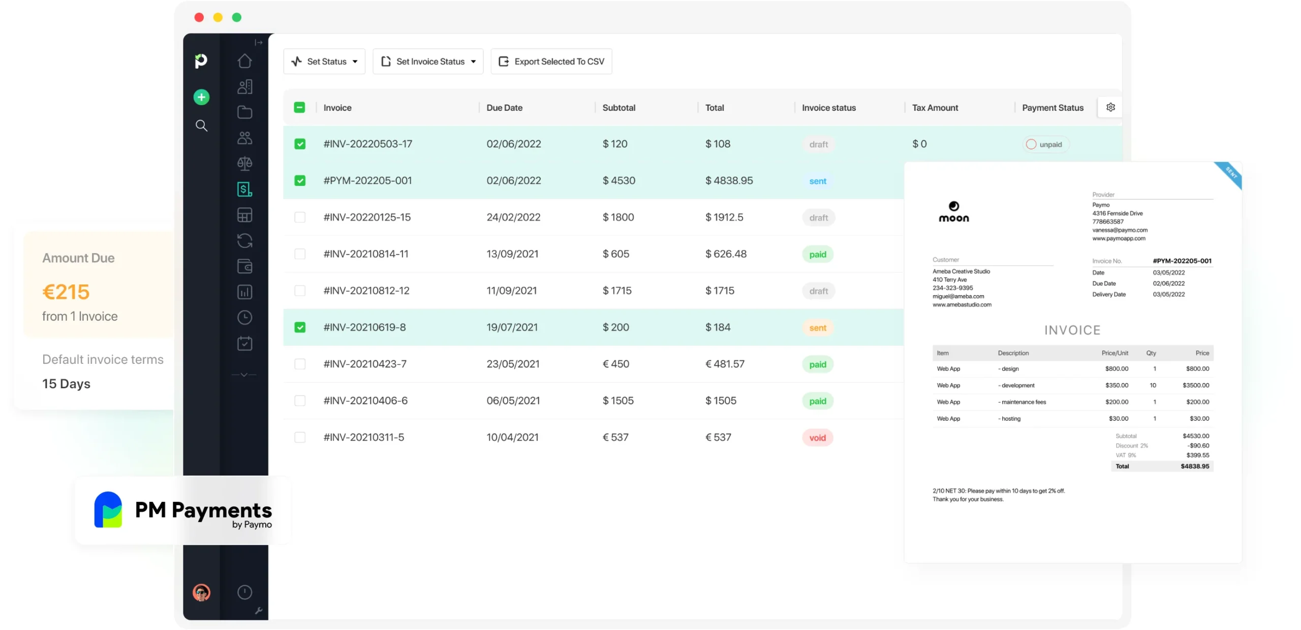 a screenshot of invoice view in paymo tool