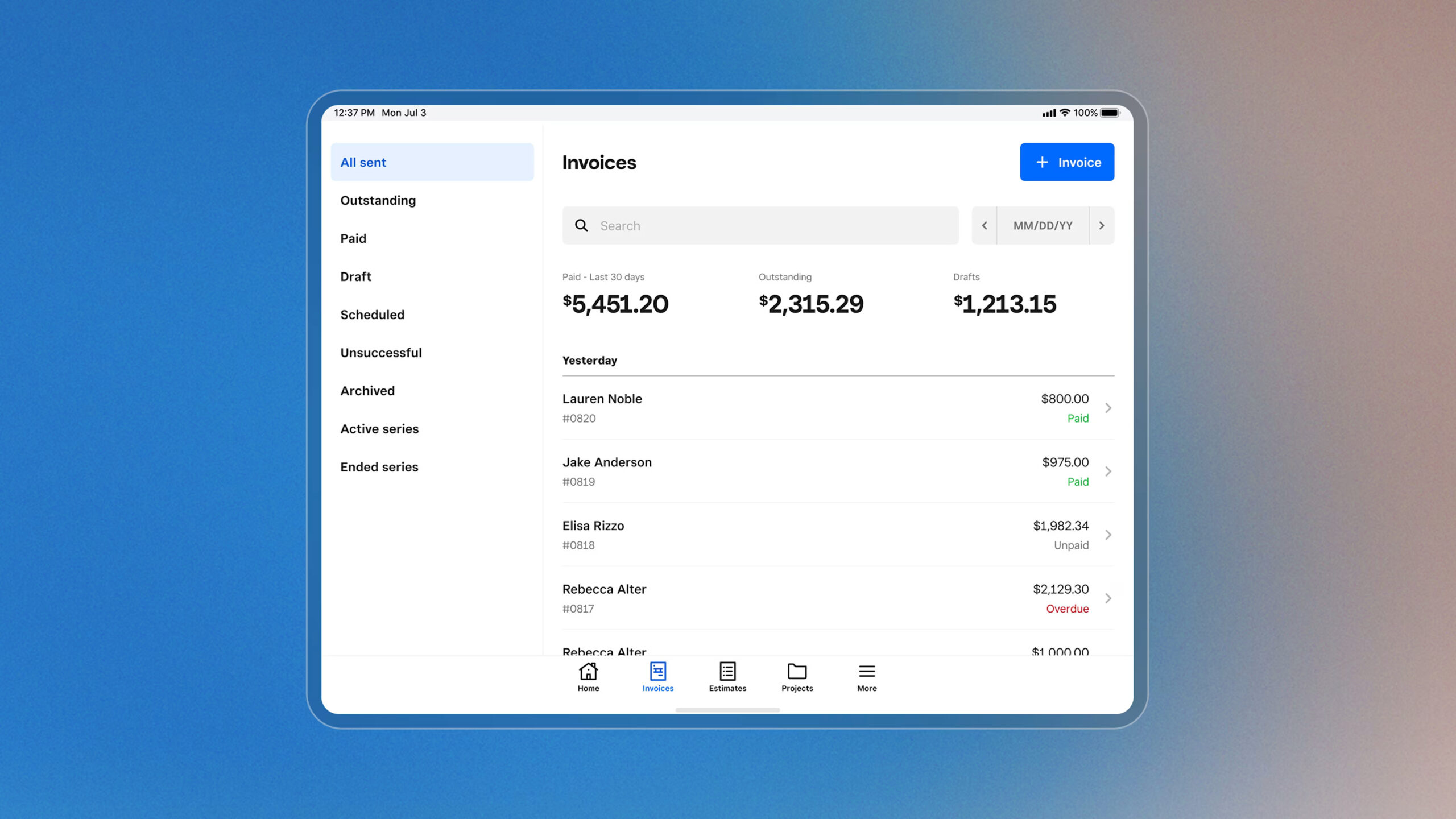 a screenshot of invoice view in square tool