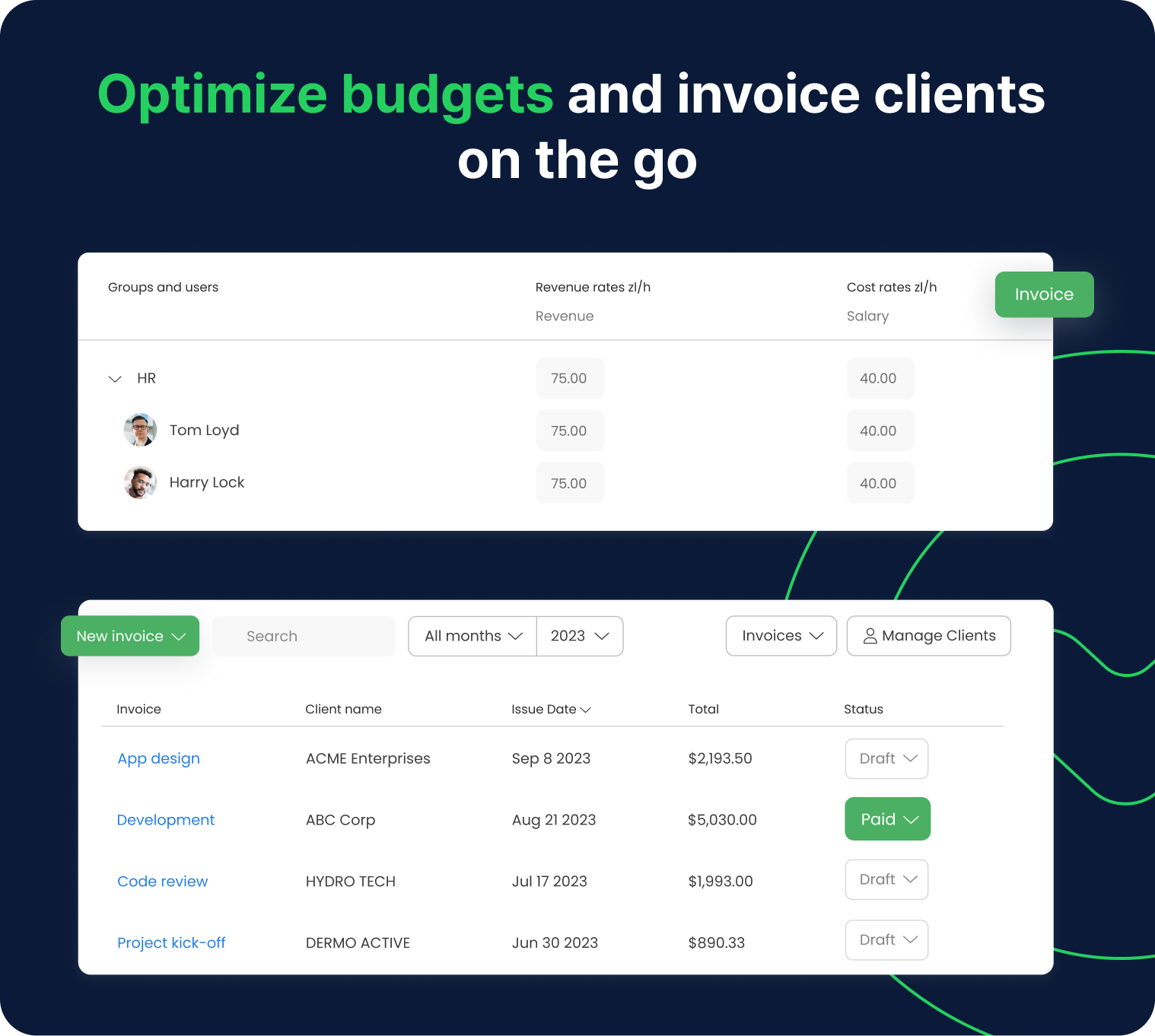 collage of features of timecamp best free invoice software