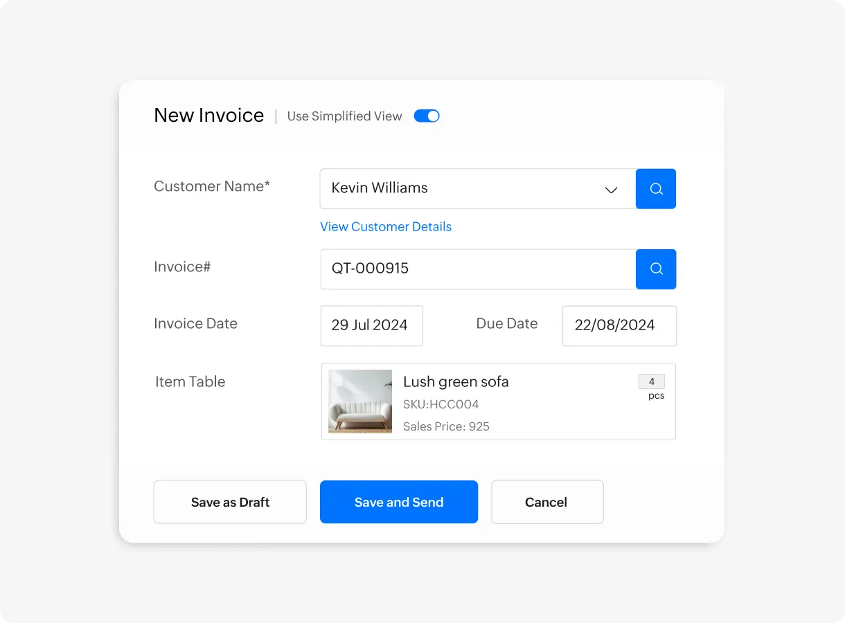 a screenshot showing issuing an invoice using Zoho tool