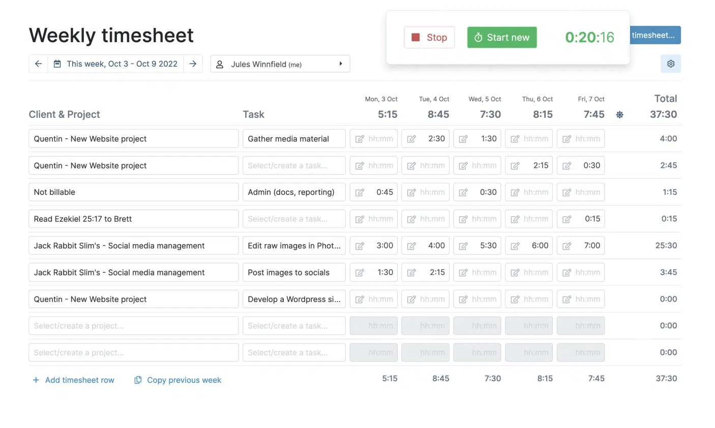 a collage of timesheet features of myhours tool