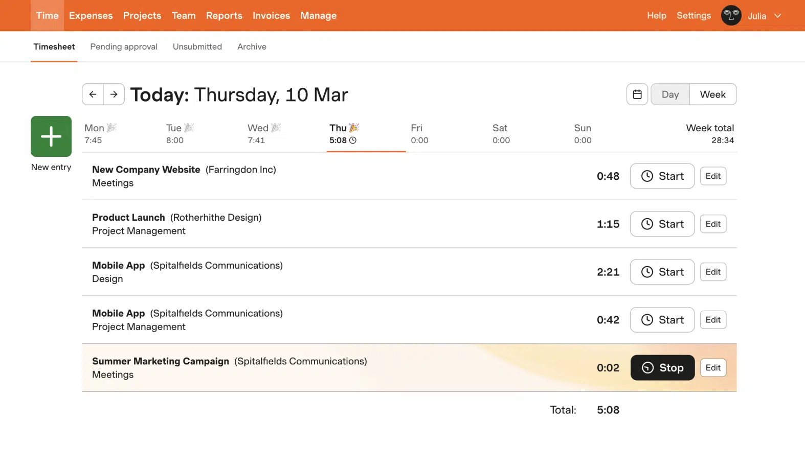 screenshot of harvest timesheet view