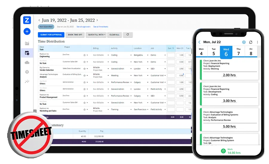 replicon timesheet views on desktop and mobile for a blog post about best jibble alternatives