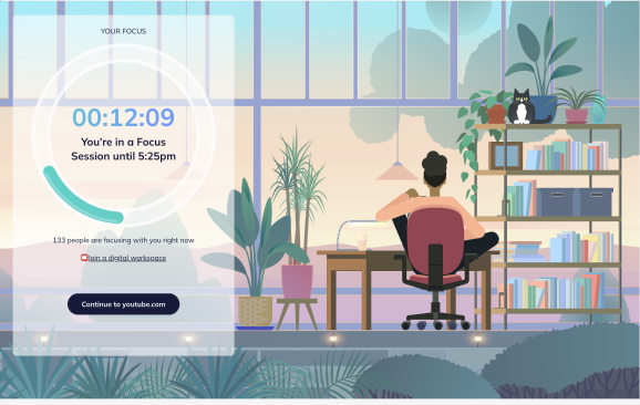 a collage of a vector image of a person sitting in front of the desk and rescuetime timer