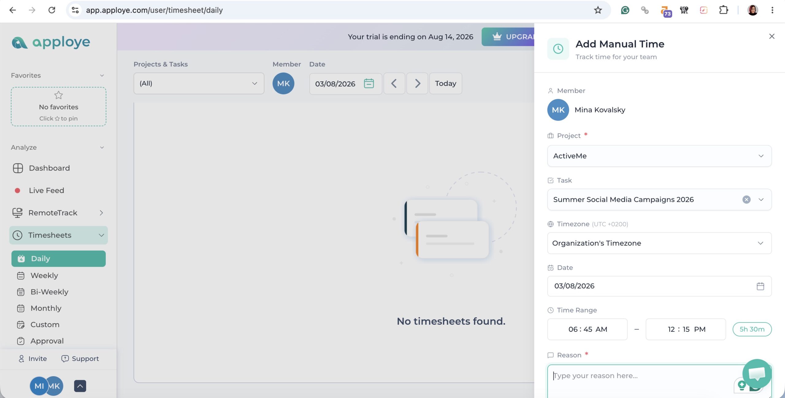 screenshot of a daily timesheet in apploye