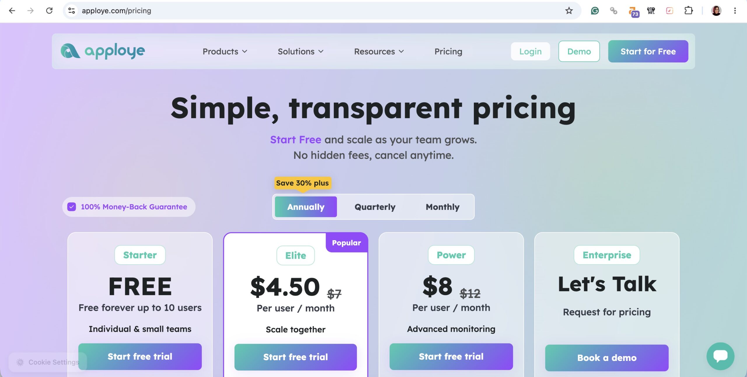 screenshot of apploye pricing website