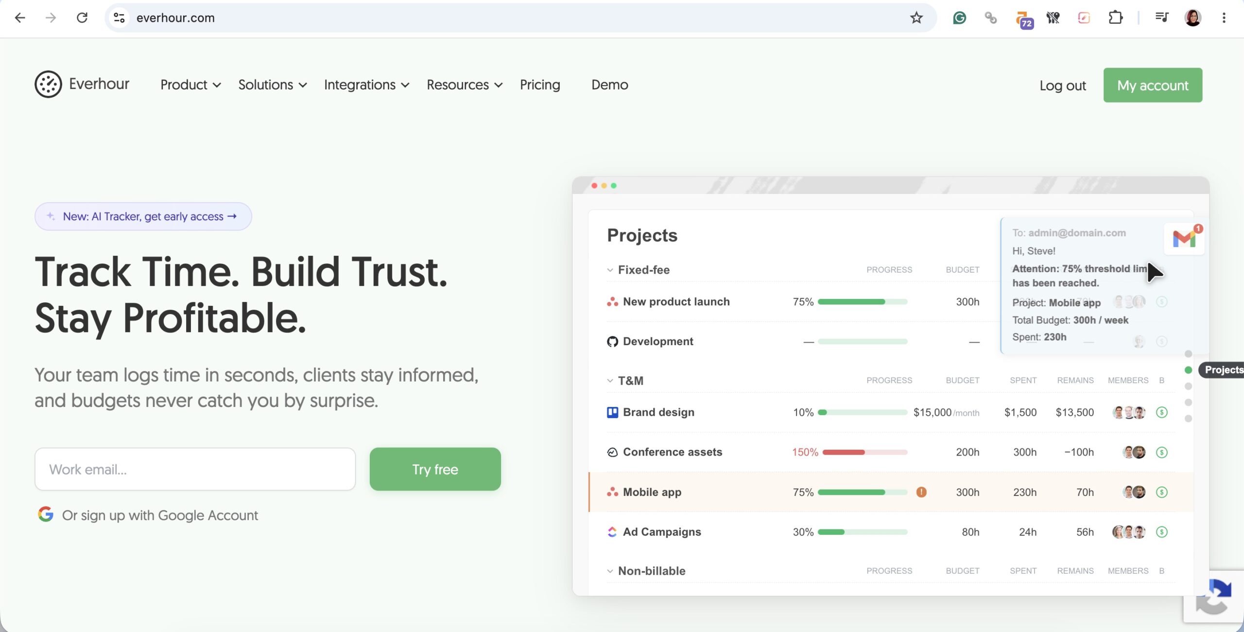 a screenshot of hero section of everhour website for a blog post about what is everhour