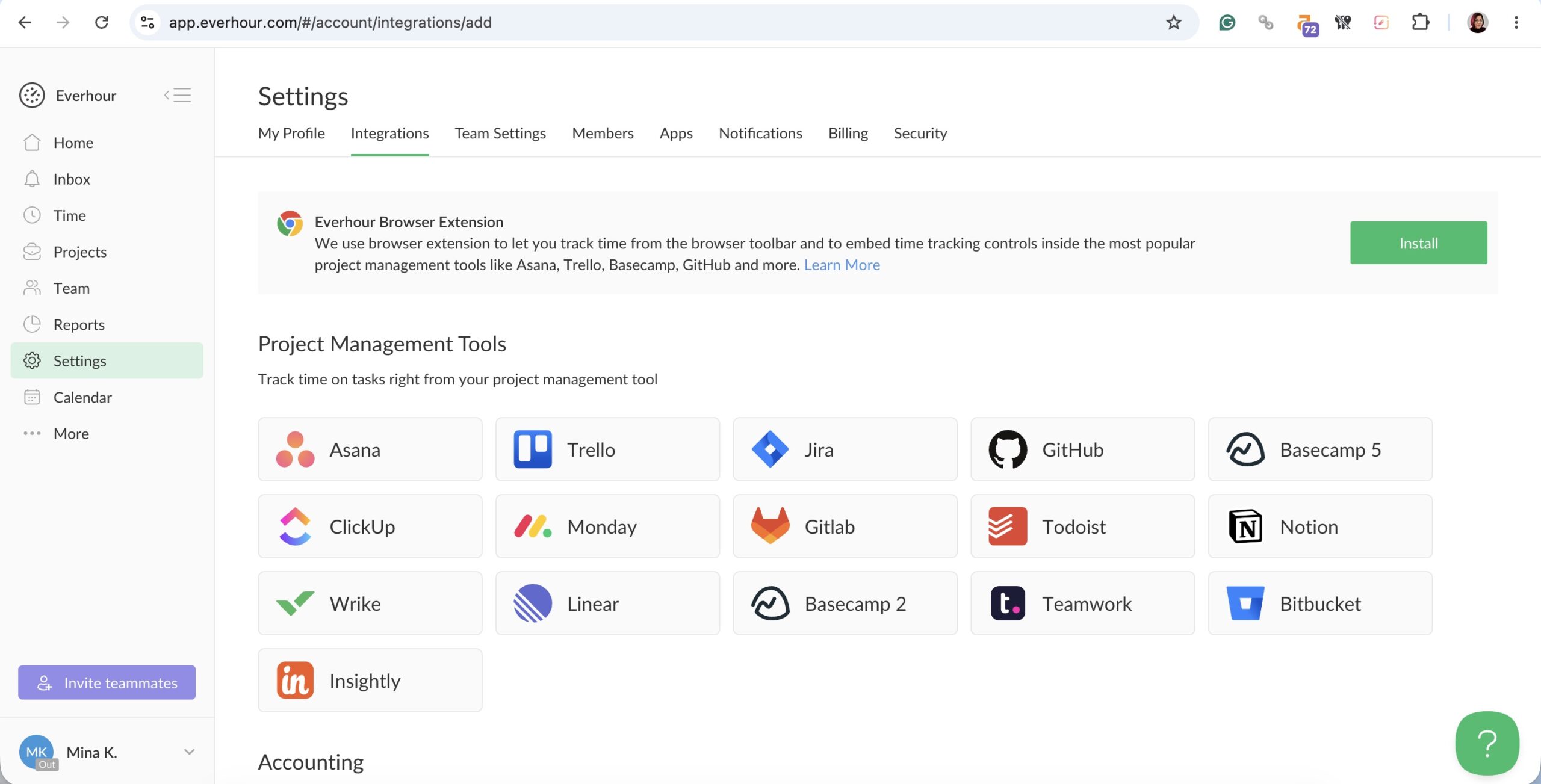 a screenshots of integrations in everhour