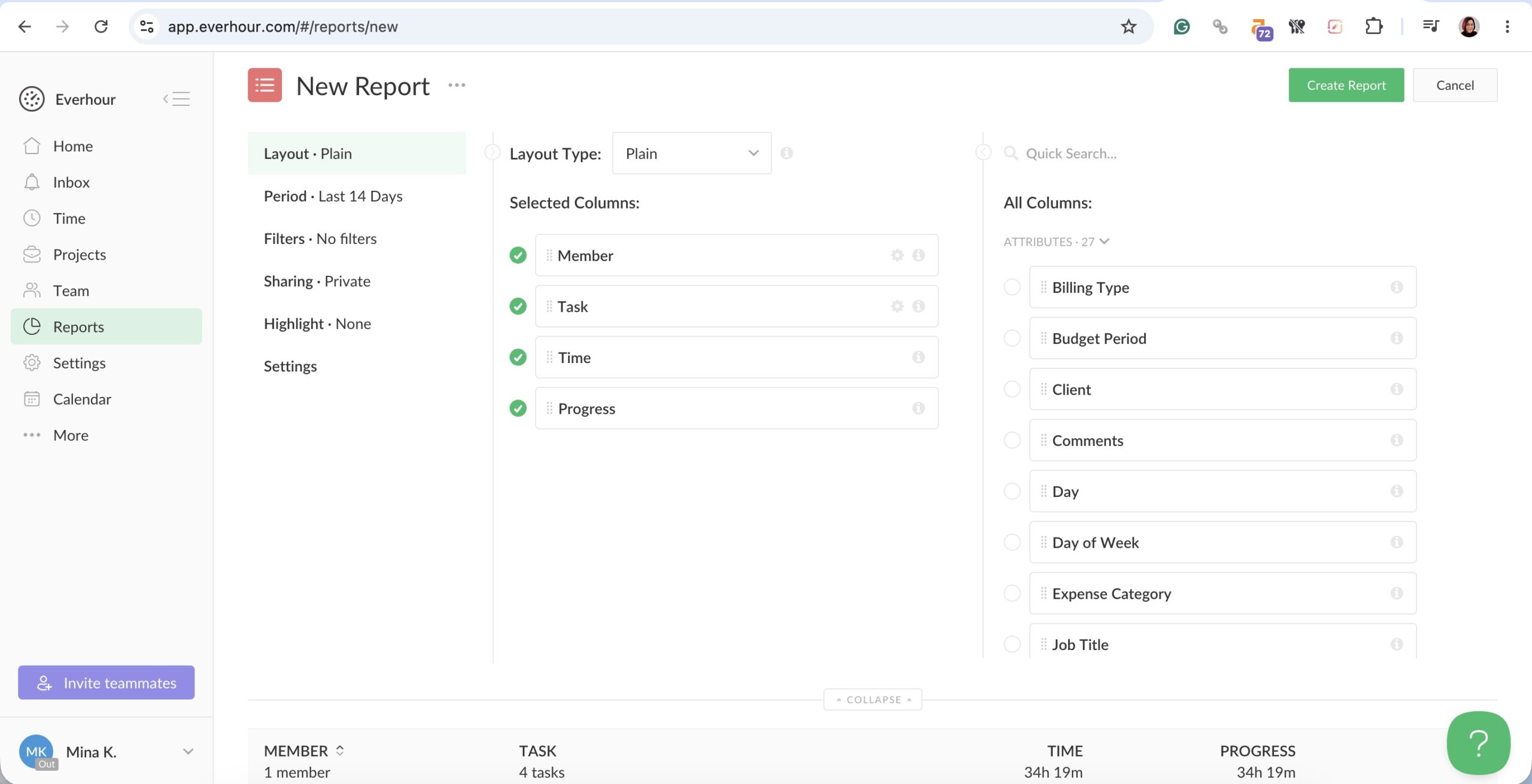 a screenshot of a custom report in everhour