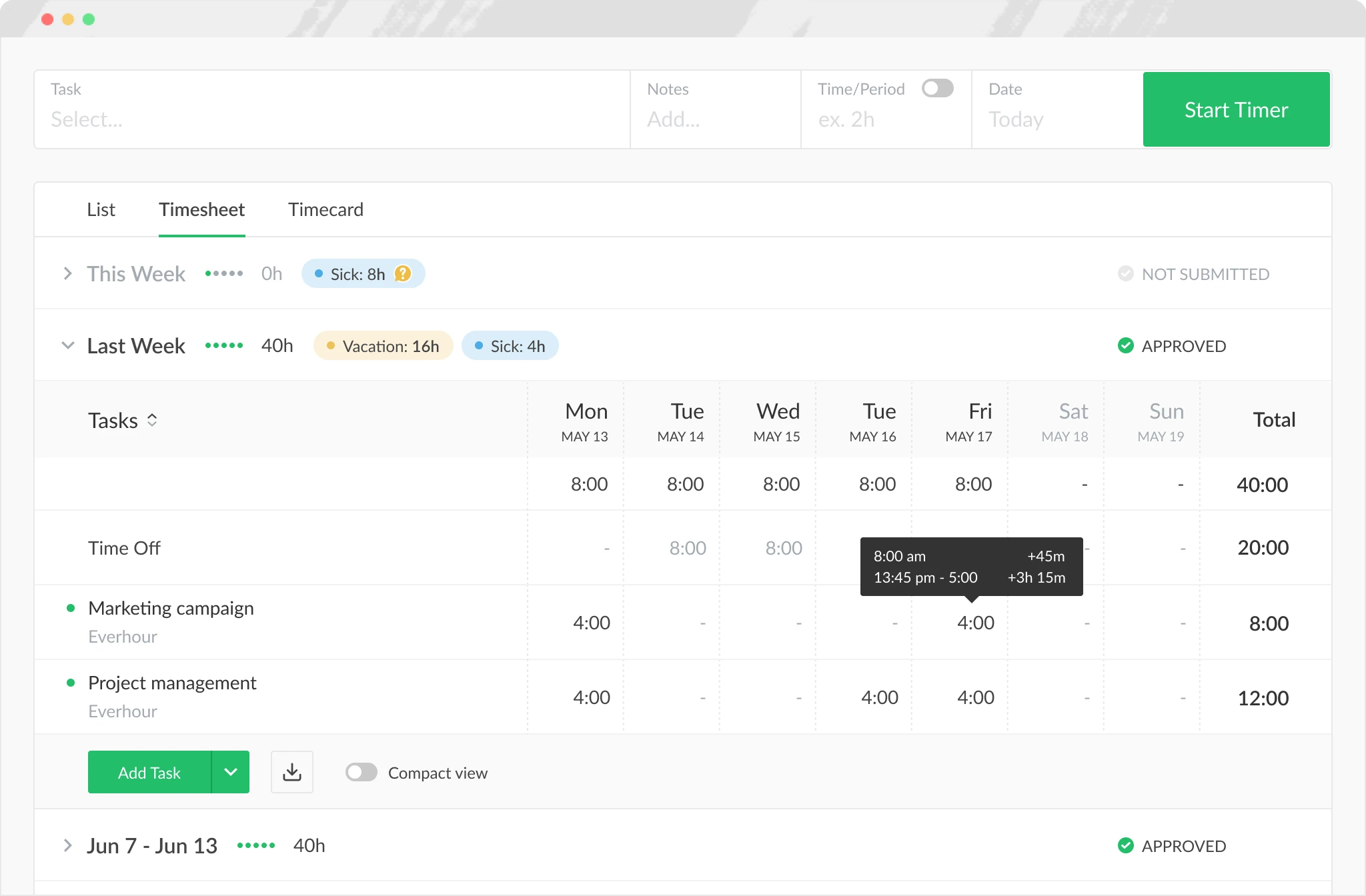 time tracking view in Everhour app