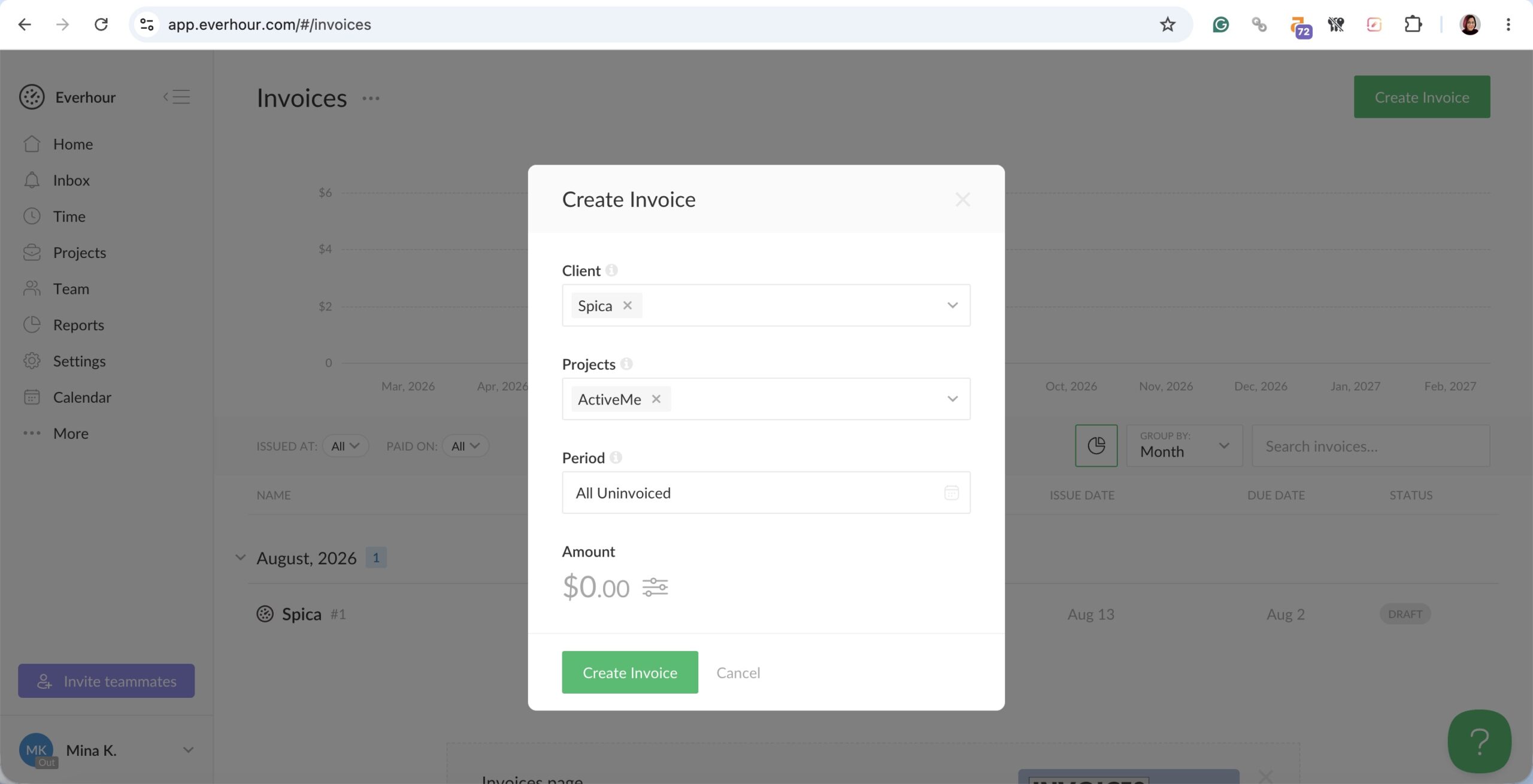 a screenshot of invoicing wizard in everhour