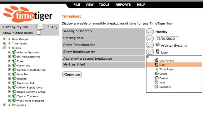 a screenshot of timetiger software
