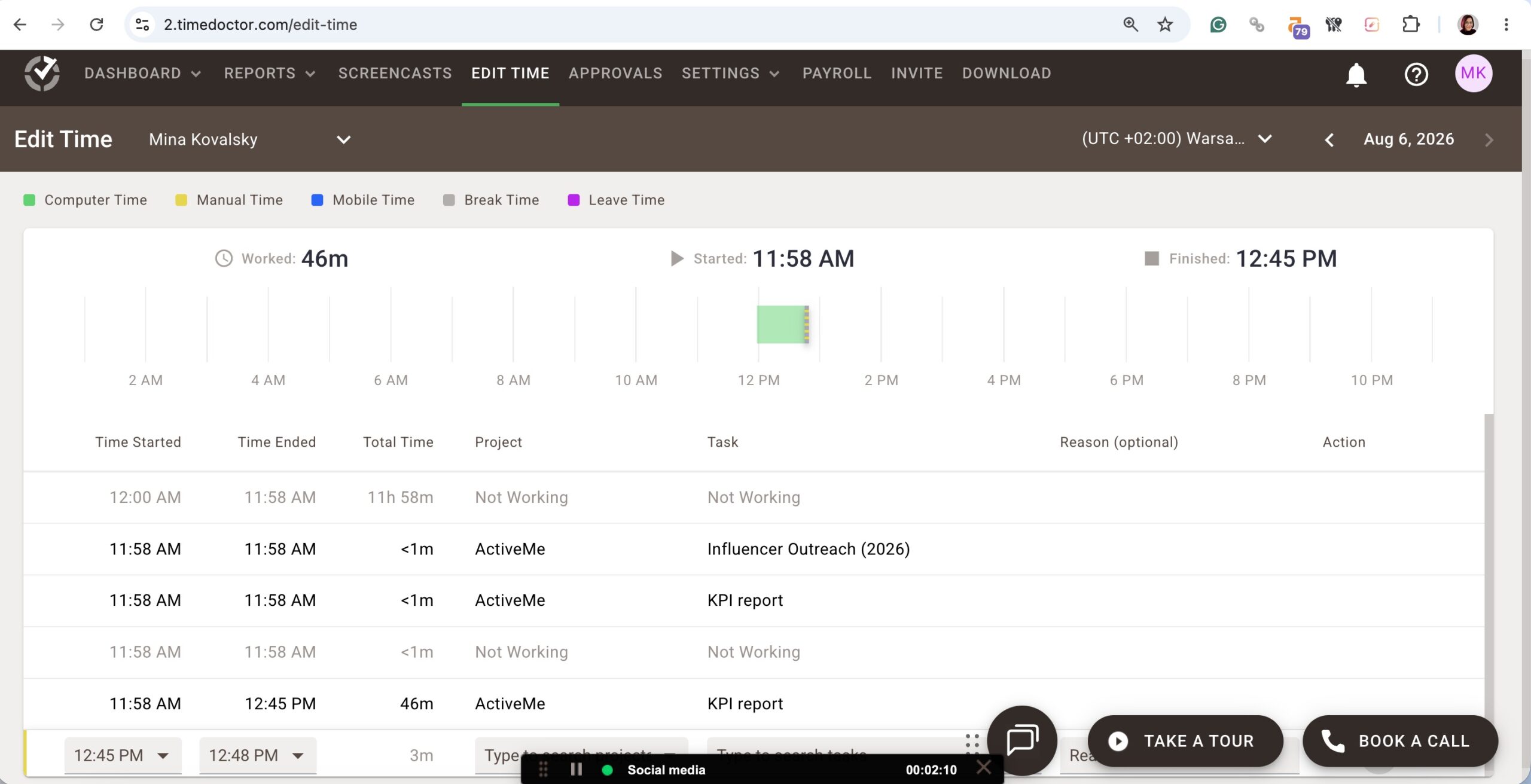 a screenshot of edit time feature in time doctor