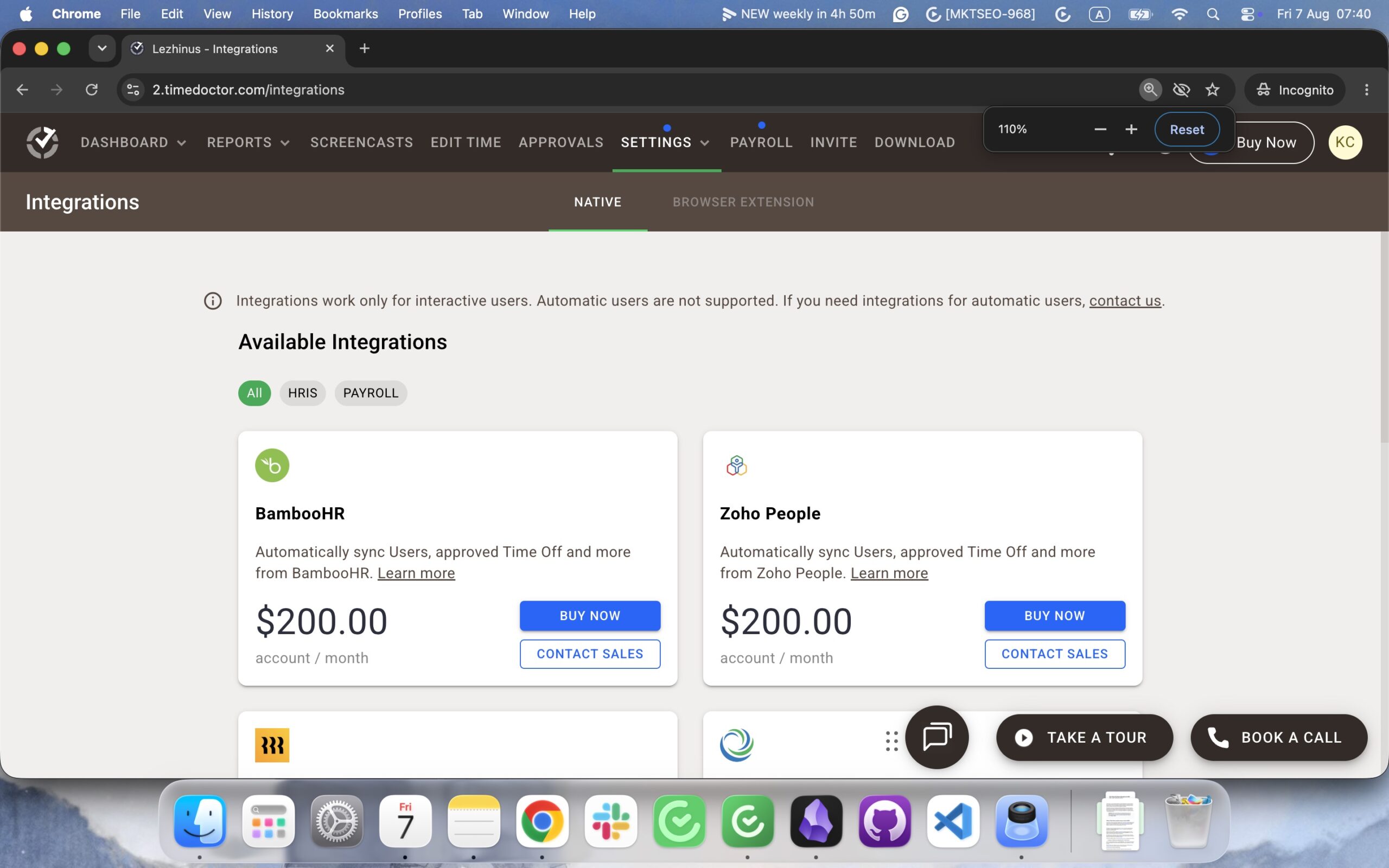 a screenshot of native integrations in Time Doctor