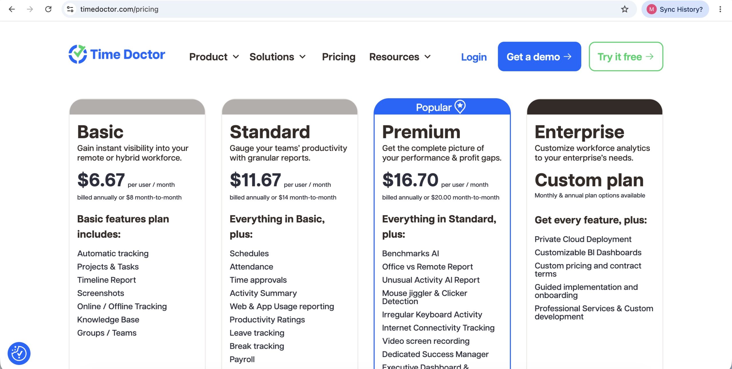 a screenshot of time doctor pricing