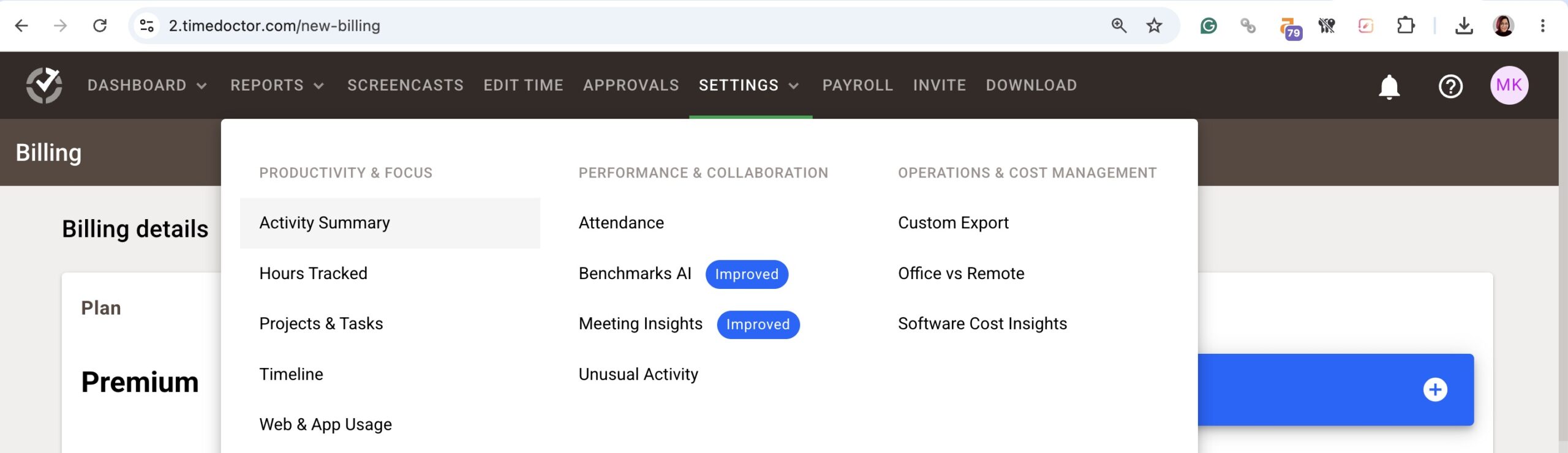 a screenshot of reports menu in Time Doctor.
