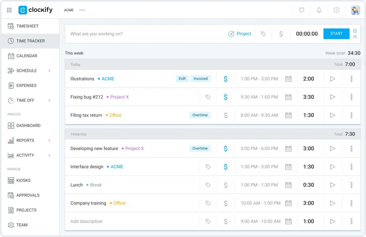 screenshot from Clockify for the article about chrome time tracking