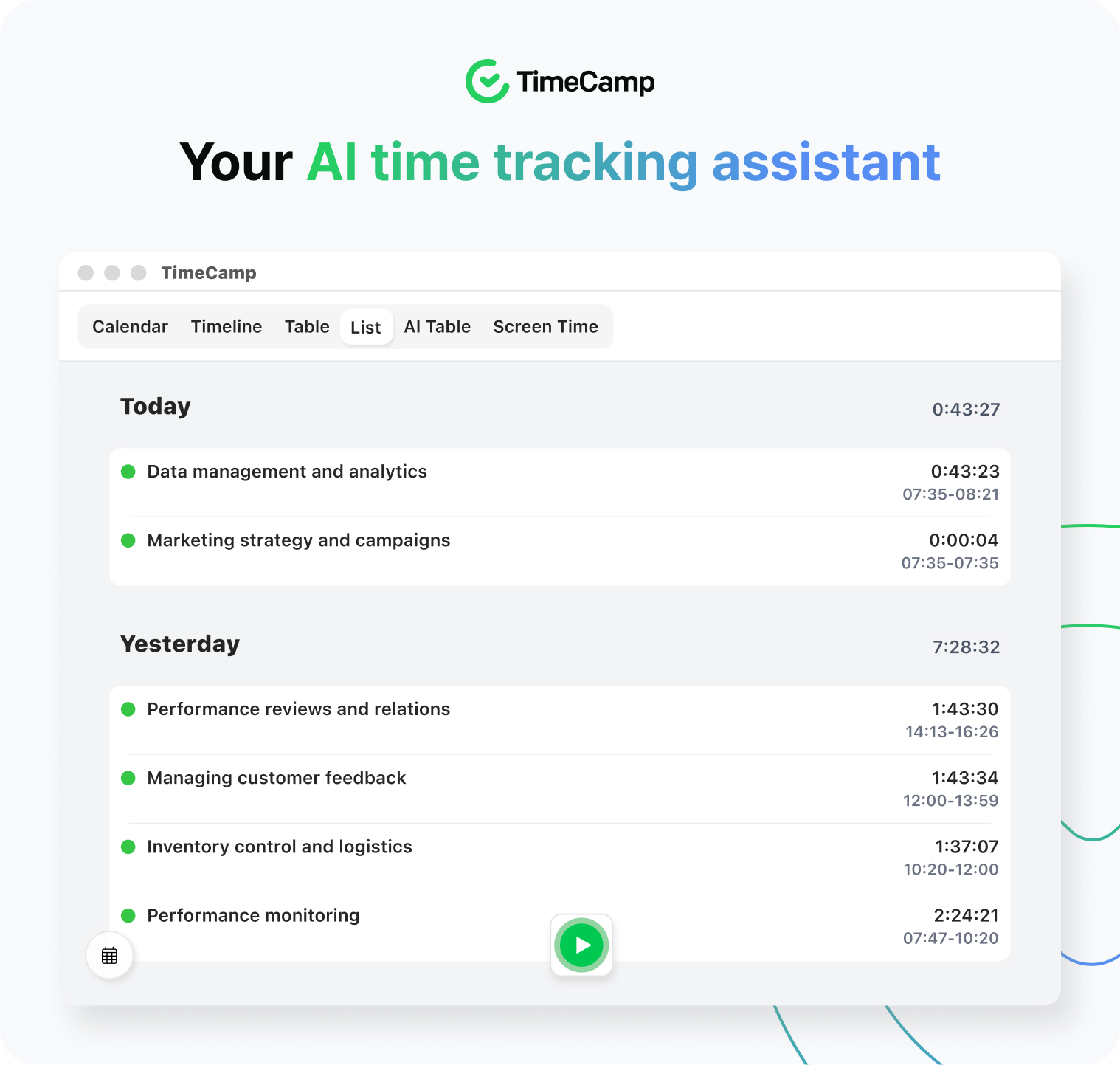 a a screenshot of TimeCamp best AI time tracking platform