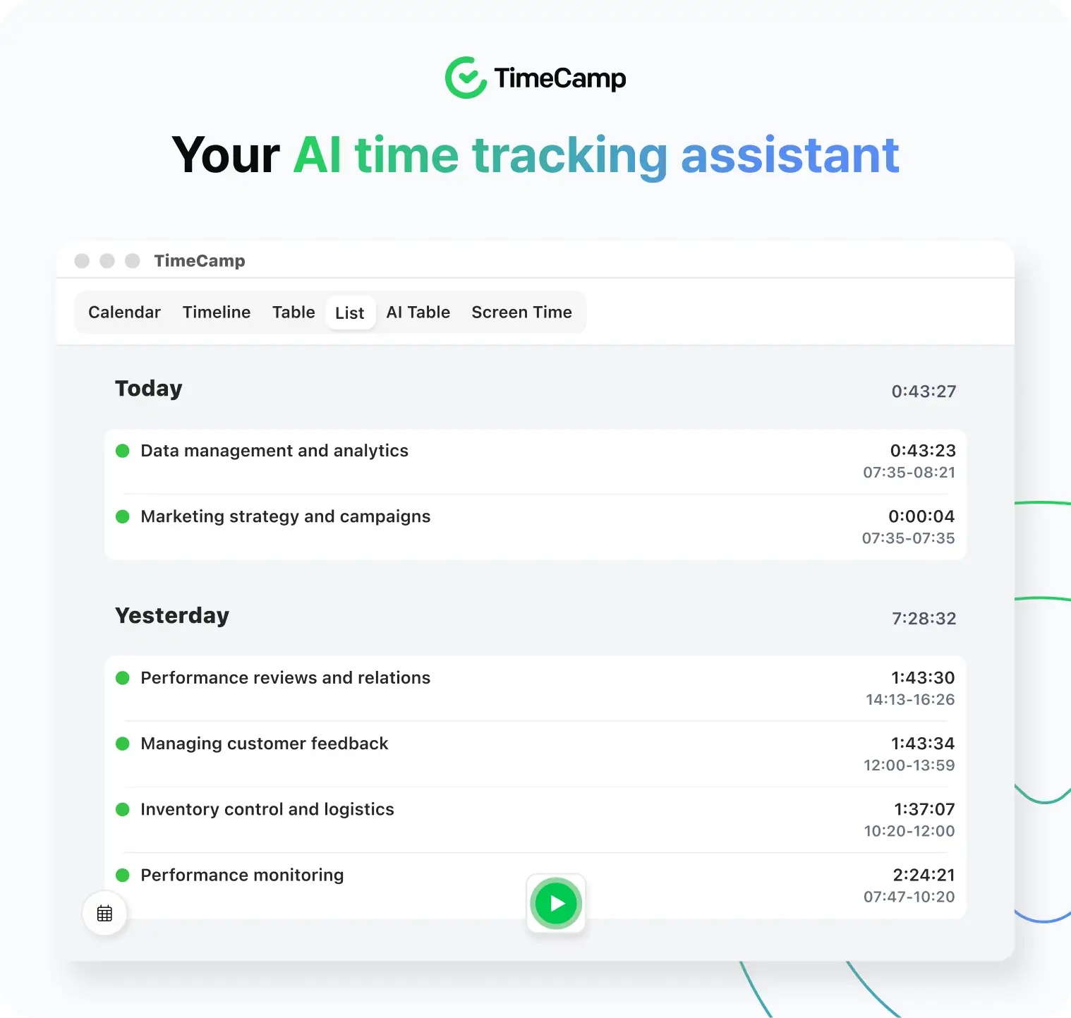 a a screenshot of TimeCamp best AI time tracking platform