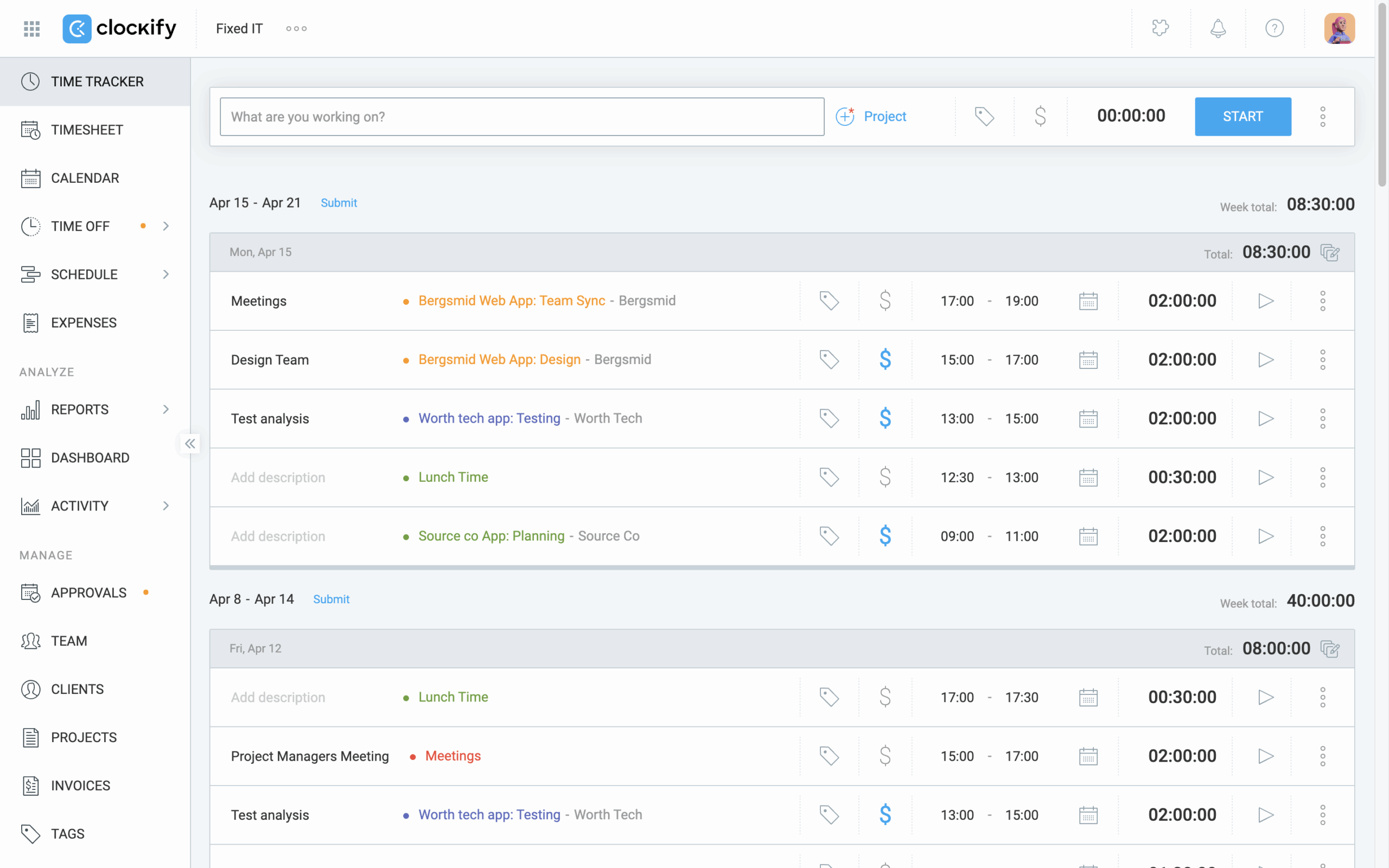 screenshot of clockify software