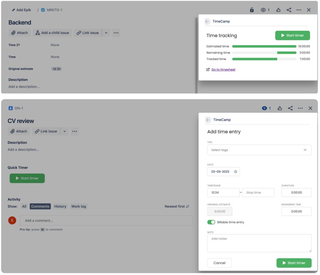 screenshots of timecamp plugin for jira