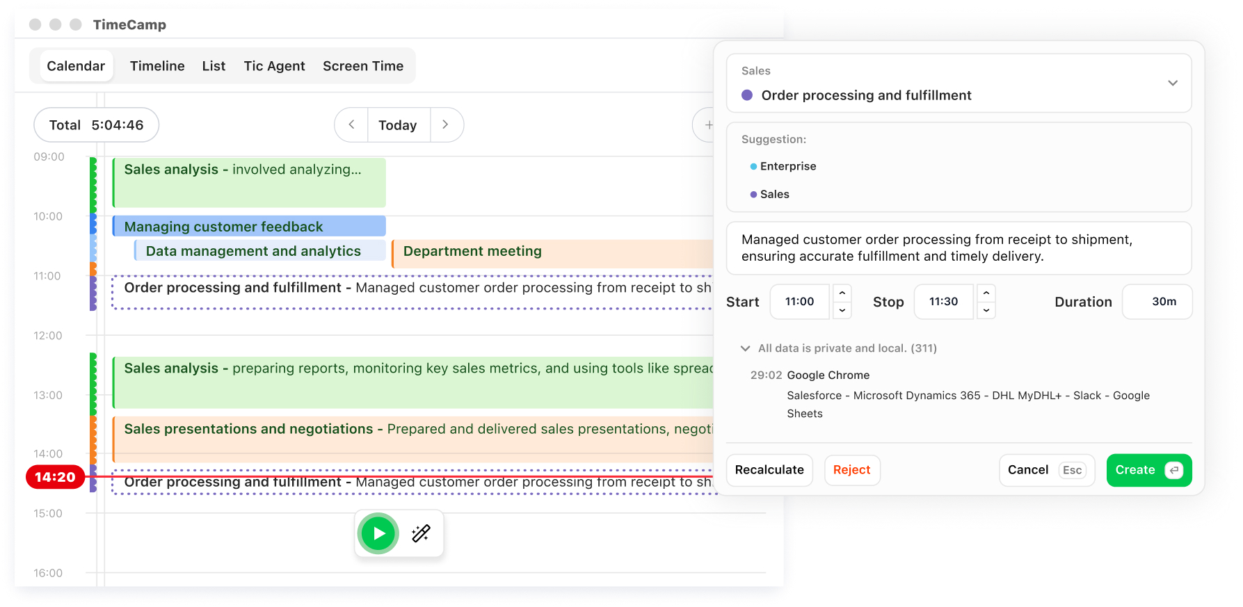 ai time tracking features in timecamp