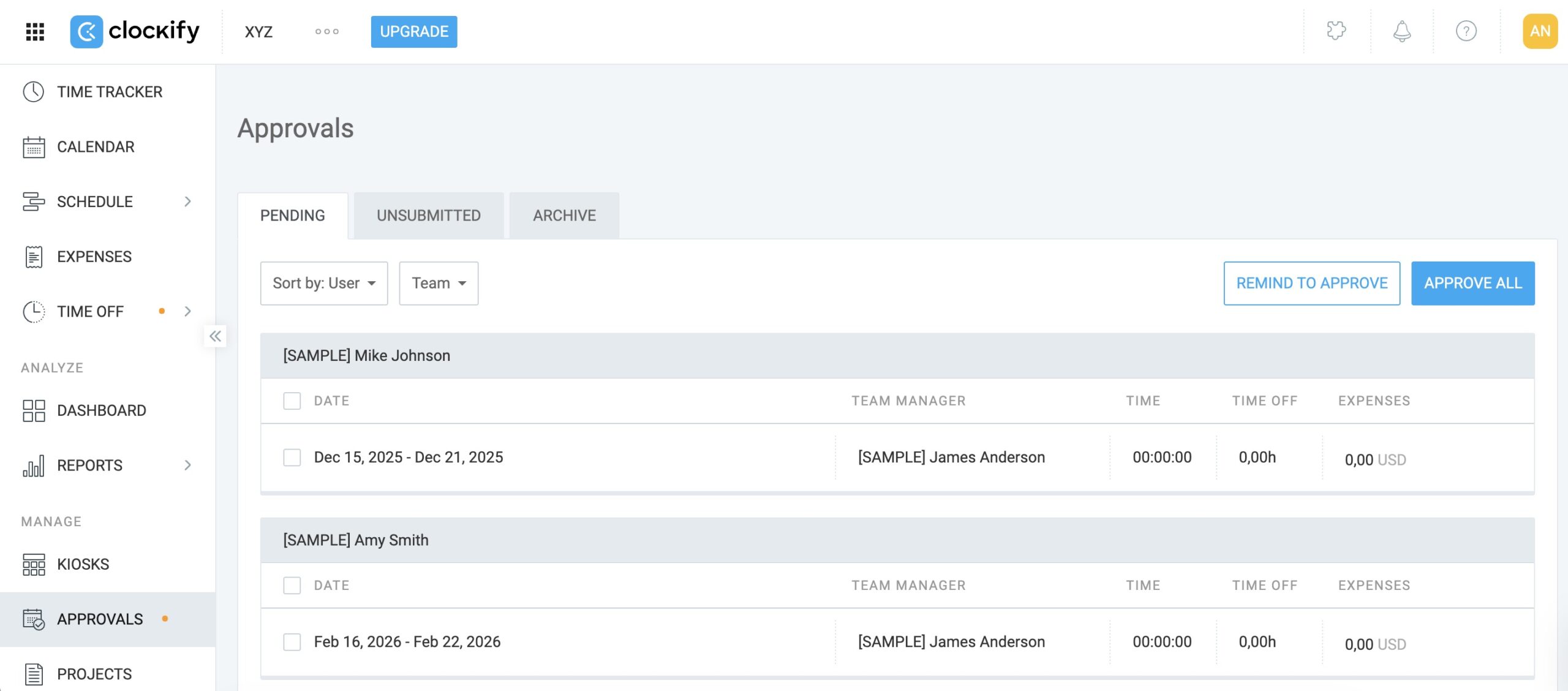 timesheet approvals in clockify