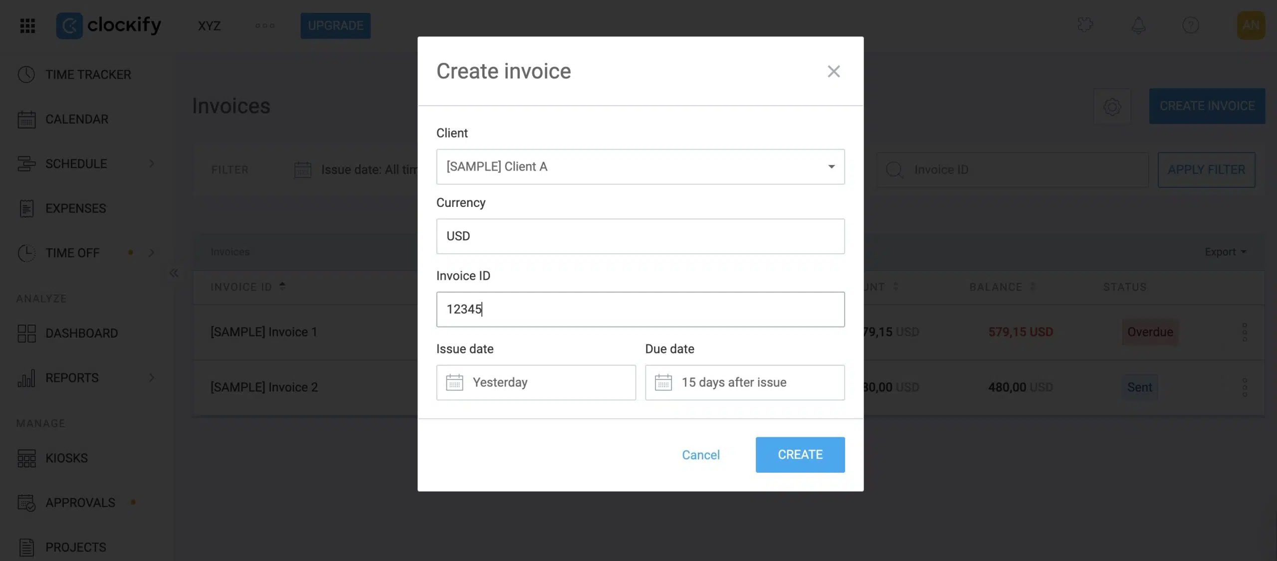 invoicing wizard in clockify
