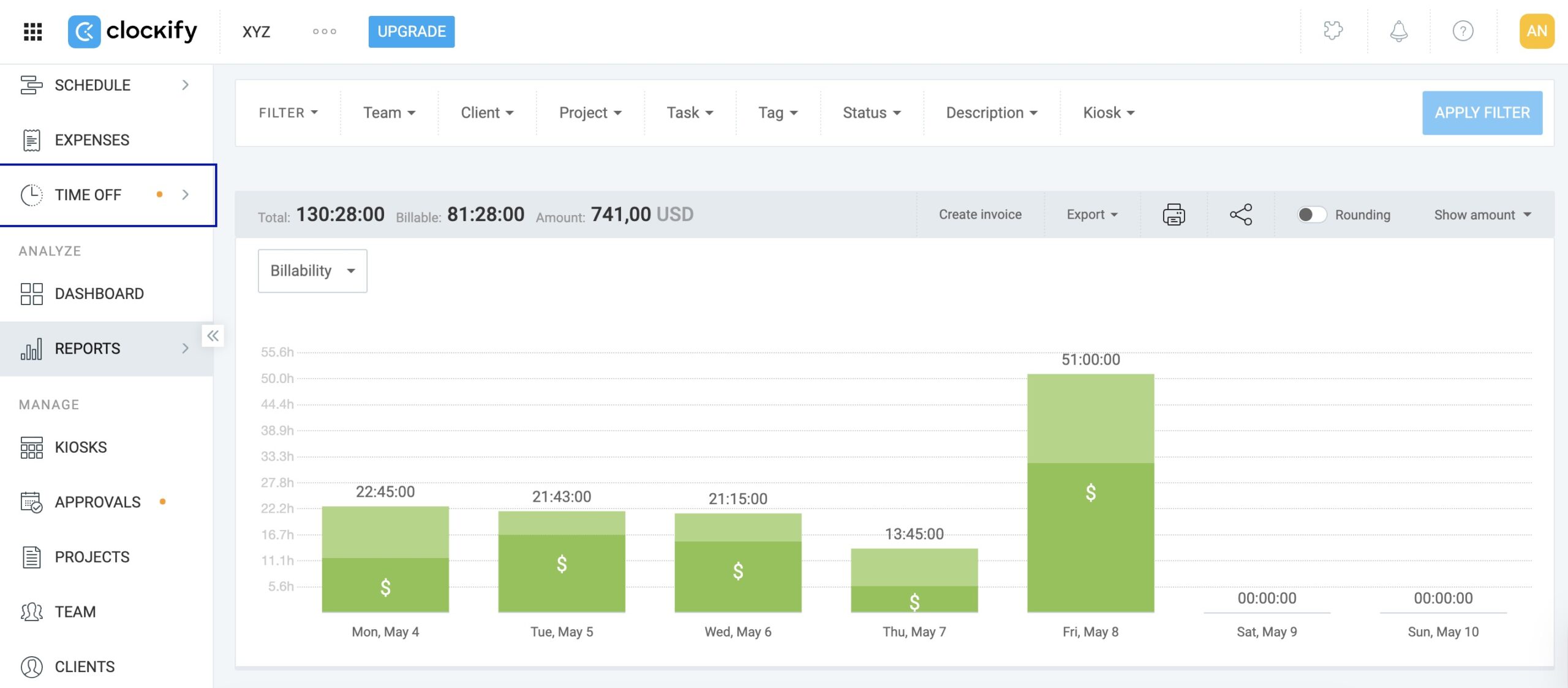 reporting view in clockify