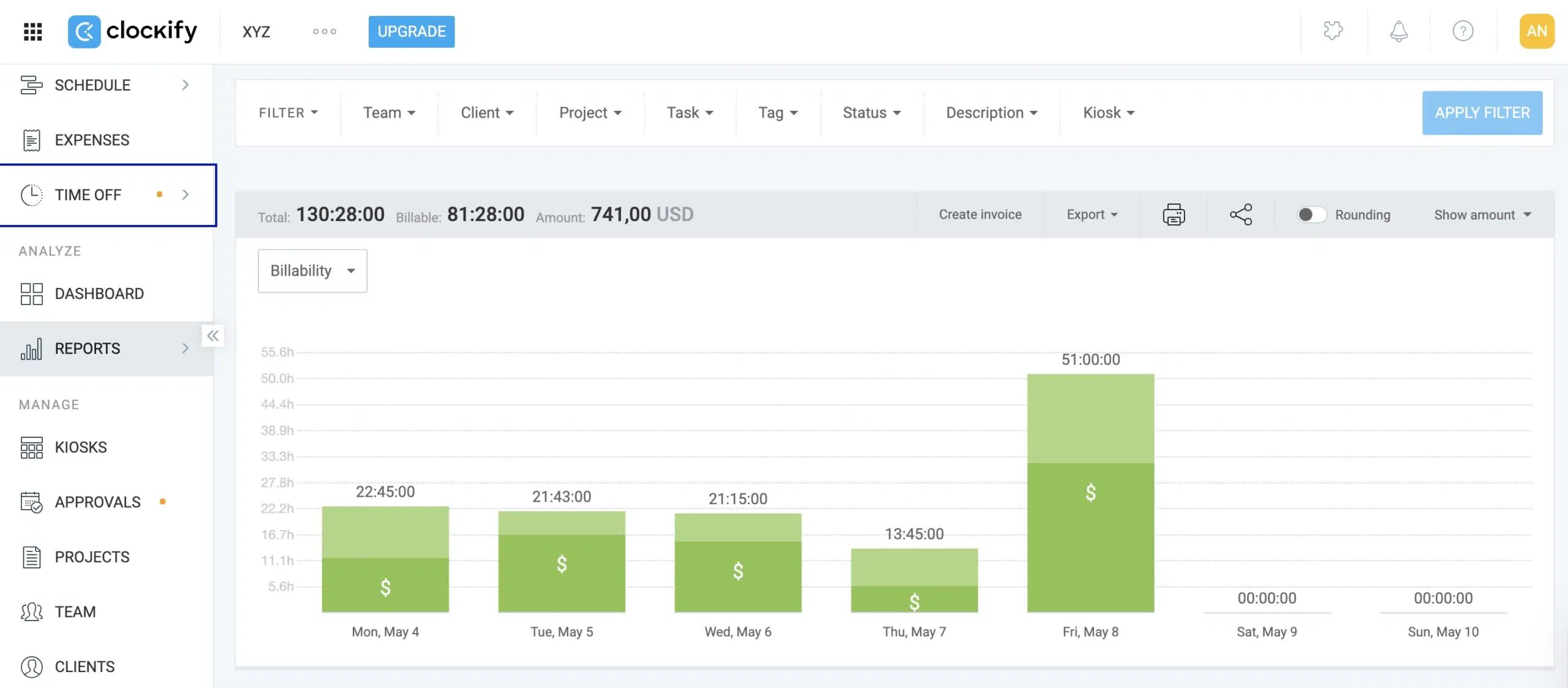 reporting view in clockify